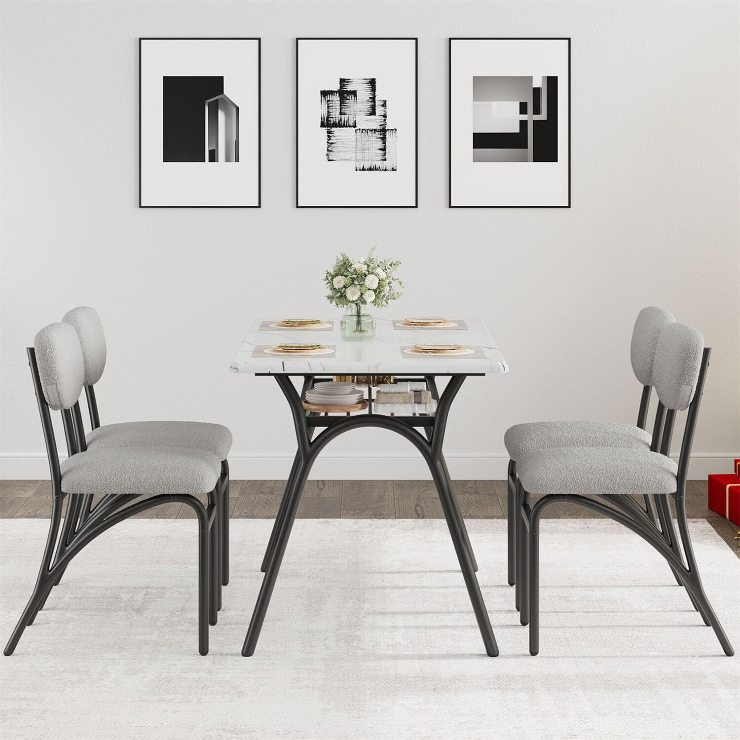✔️Modern Kitchen Table with Boucle Chairs for 4 Dining Table Set for Small Space