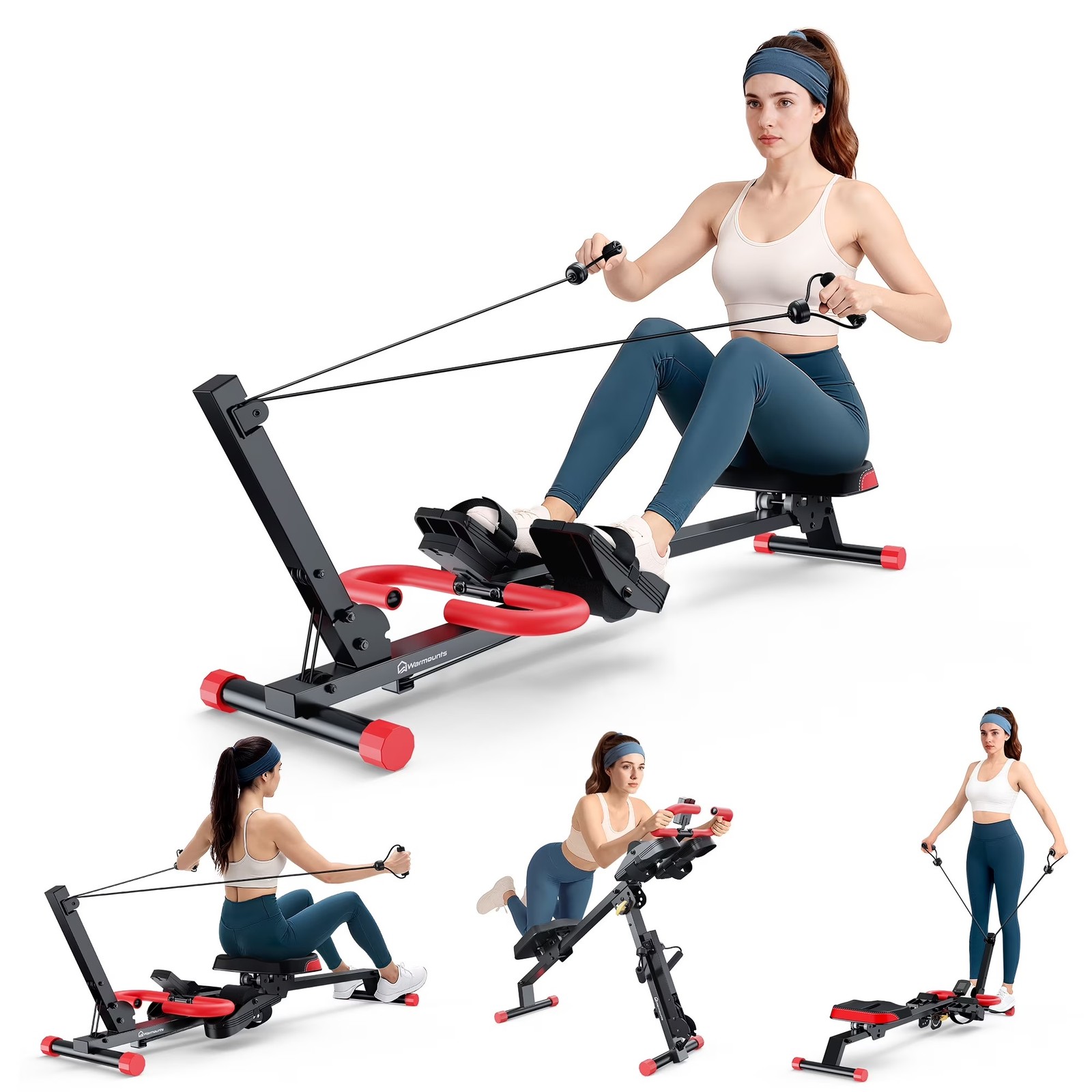 WARMOUNTS 4 in 1 Rowing Machine, Foldable Rower Machine with 4 Adjustable