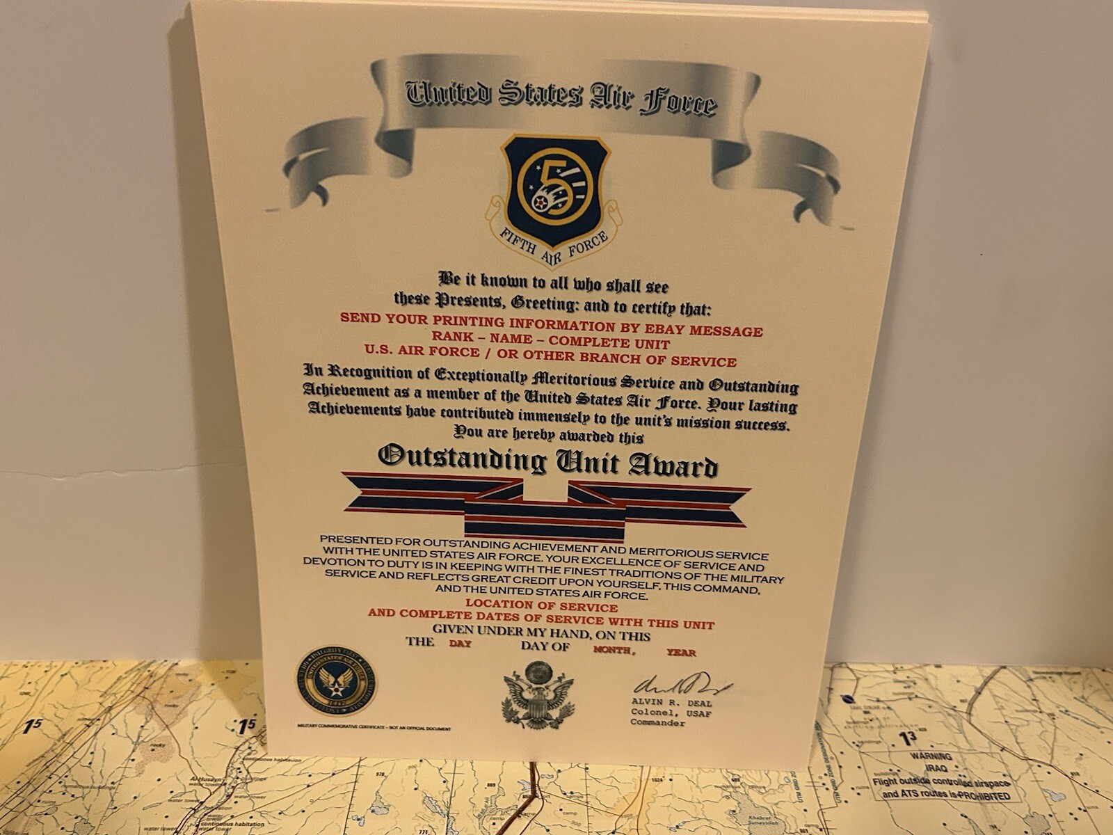 U.S. AIR FORCE / FIFTH AIR FORCE - OUTSTANDING UNIT AWARD CERTIFICATE