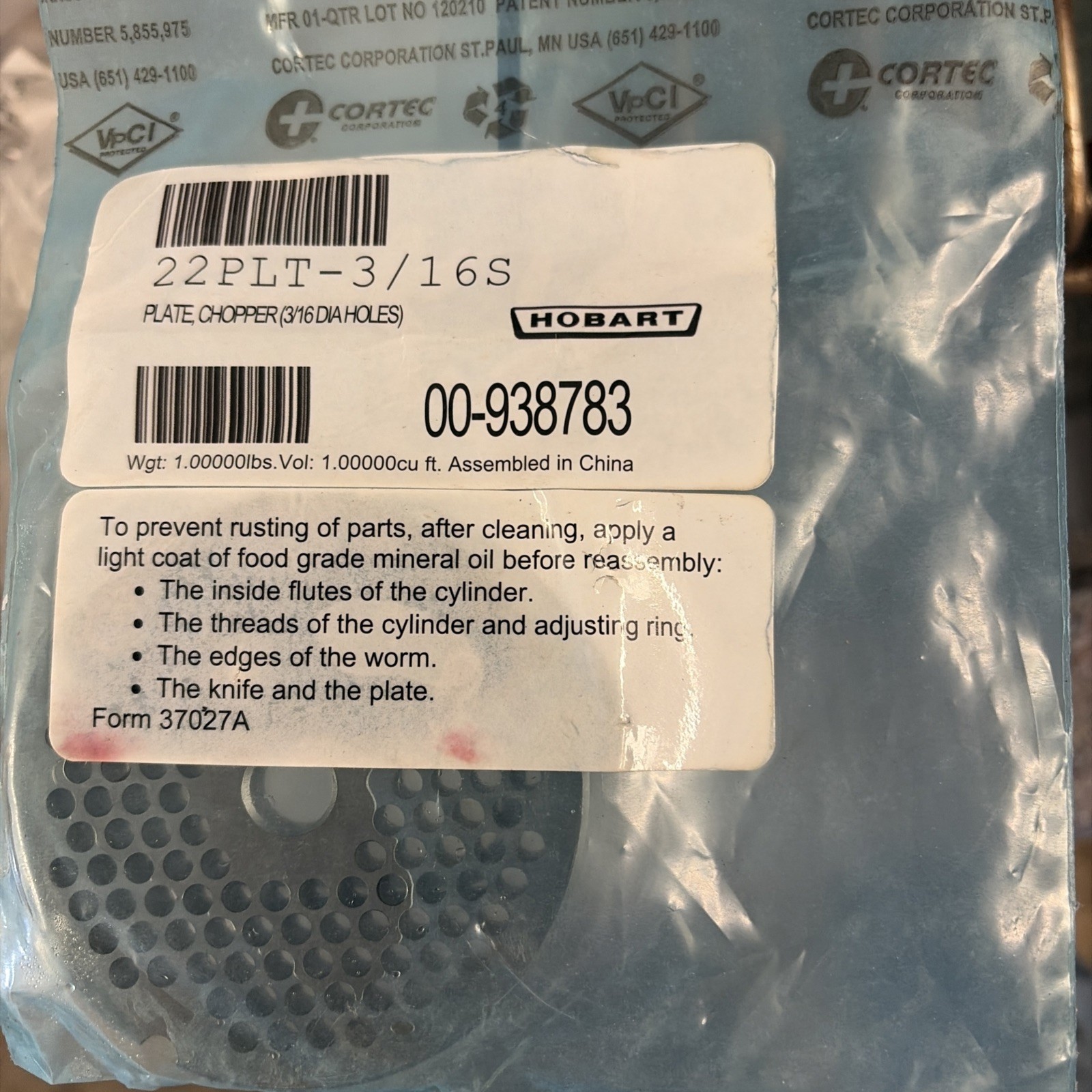 Hobart Plate Chopper 00-938783 22PLT - 3/16s