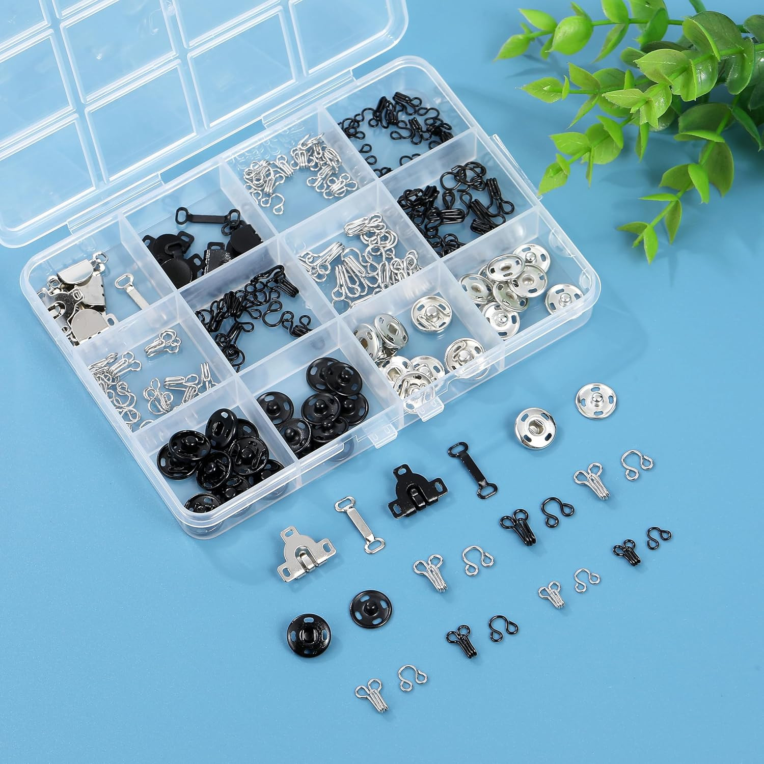 180PCS Hook and Eye Sewing Kit with Garment Buttons, Black
