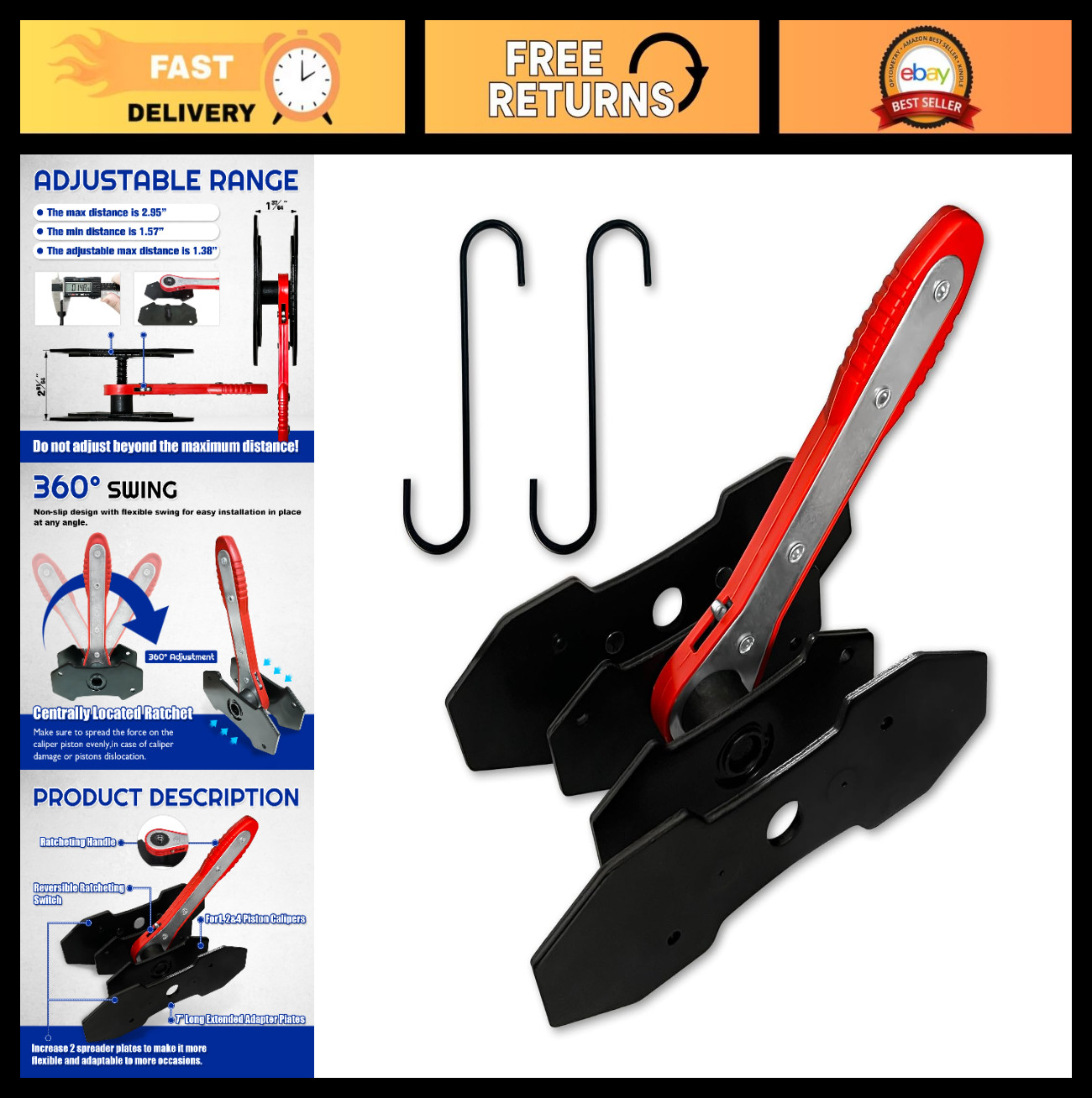 Brake Caliper Compression Tool with 2 Large Plates & Hangers for Disc Brake Repa