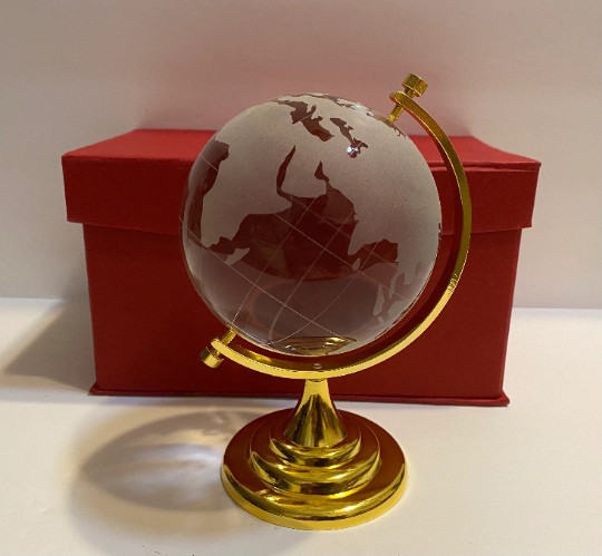 Glass Ball Earth Crystal Sphere World Map with Golden Stand Home Decor 6.5”