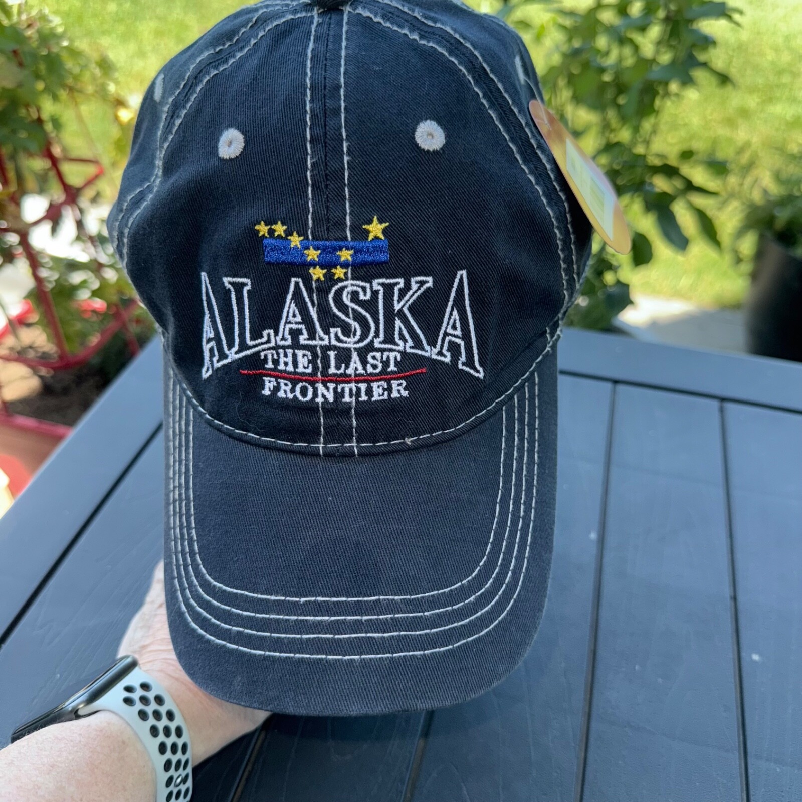 Alaska the Last Frontier Navy White Top Stitched Hat Cap Strap w Buckle  EUC