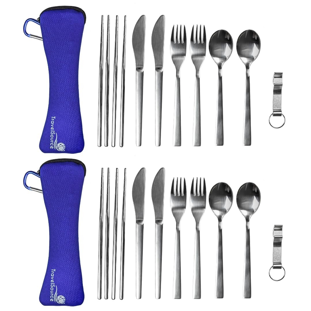 Camping Travel Utensils with Case - 4-Person (2 Pouches) Fork, Spoon, Knife S...
