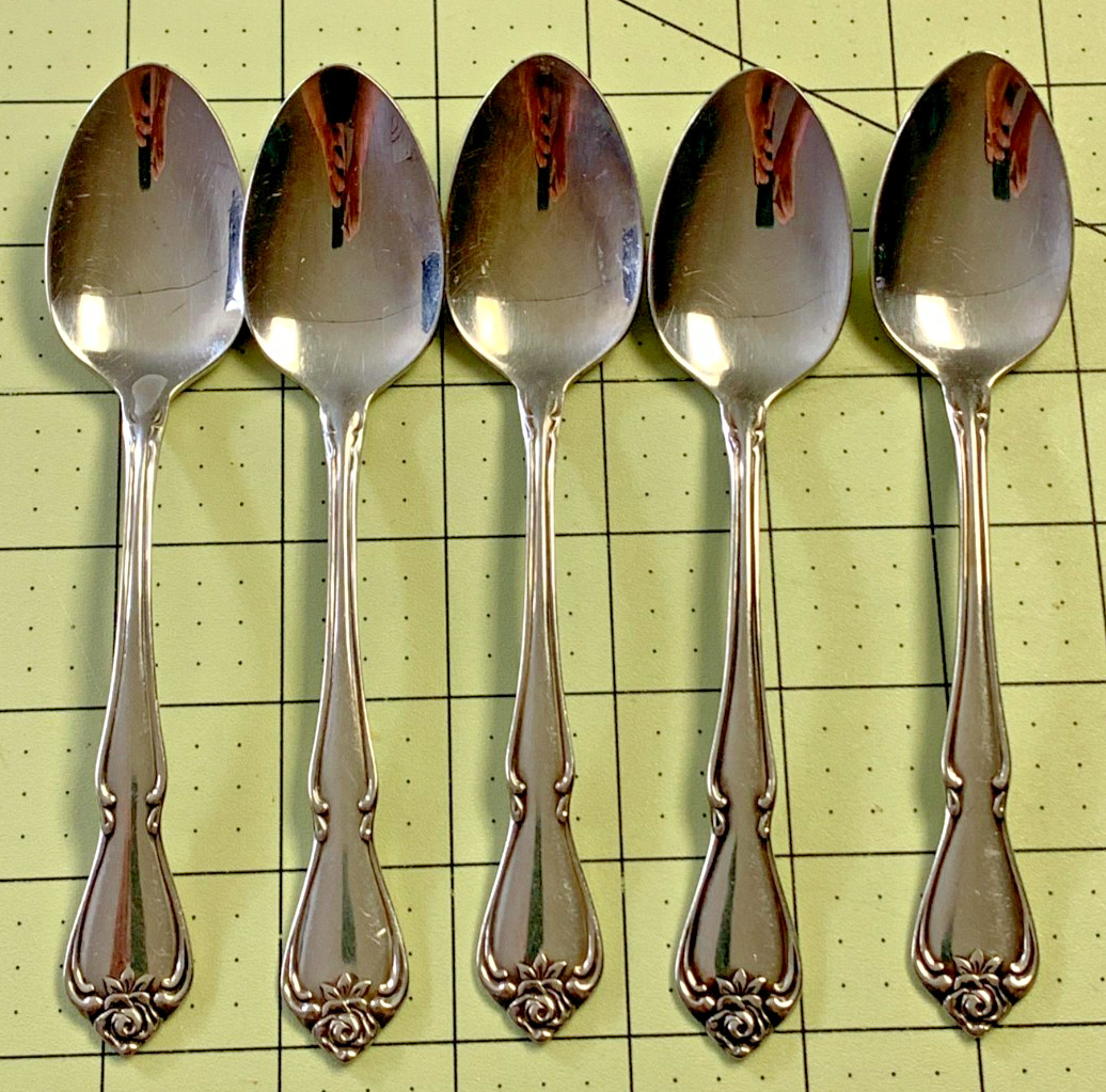 5 Oneida Ltd Arbor Rose / True Rose Teaspoons Stainless Flatware 6”; Lot 07.05 D