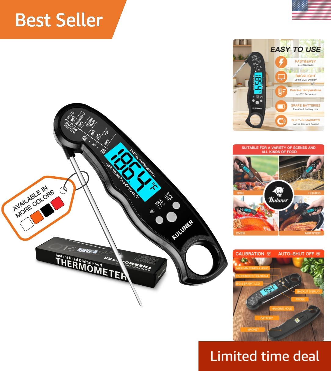 Digital Meat Thermometer Instant Read, Waterproof Probe with Backlight & Cali...
