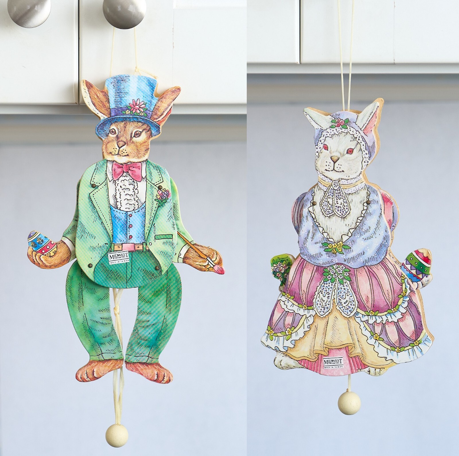 2 EASTER BUNNY Lady Gent Pull String Wooden Ornament 2 Sided Toy Midwest Imports
