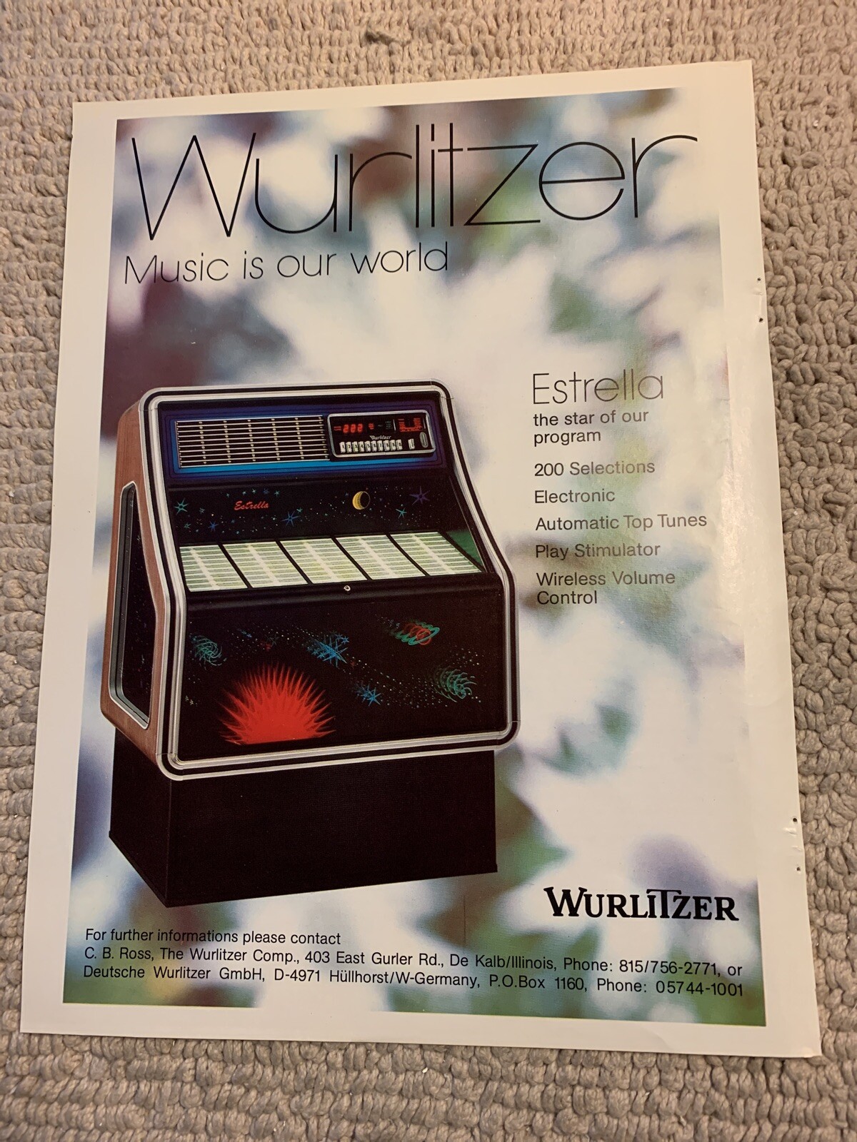Original 11-8 1/4” WUrlitzer Estrella Jukebox FLYER