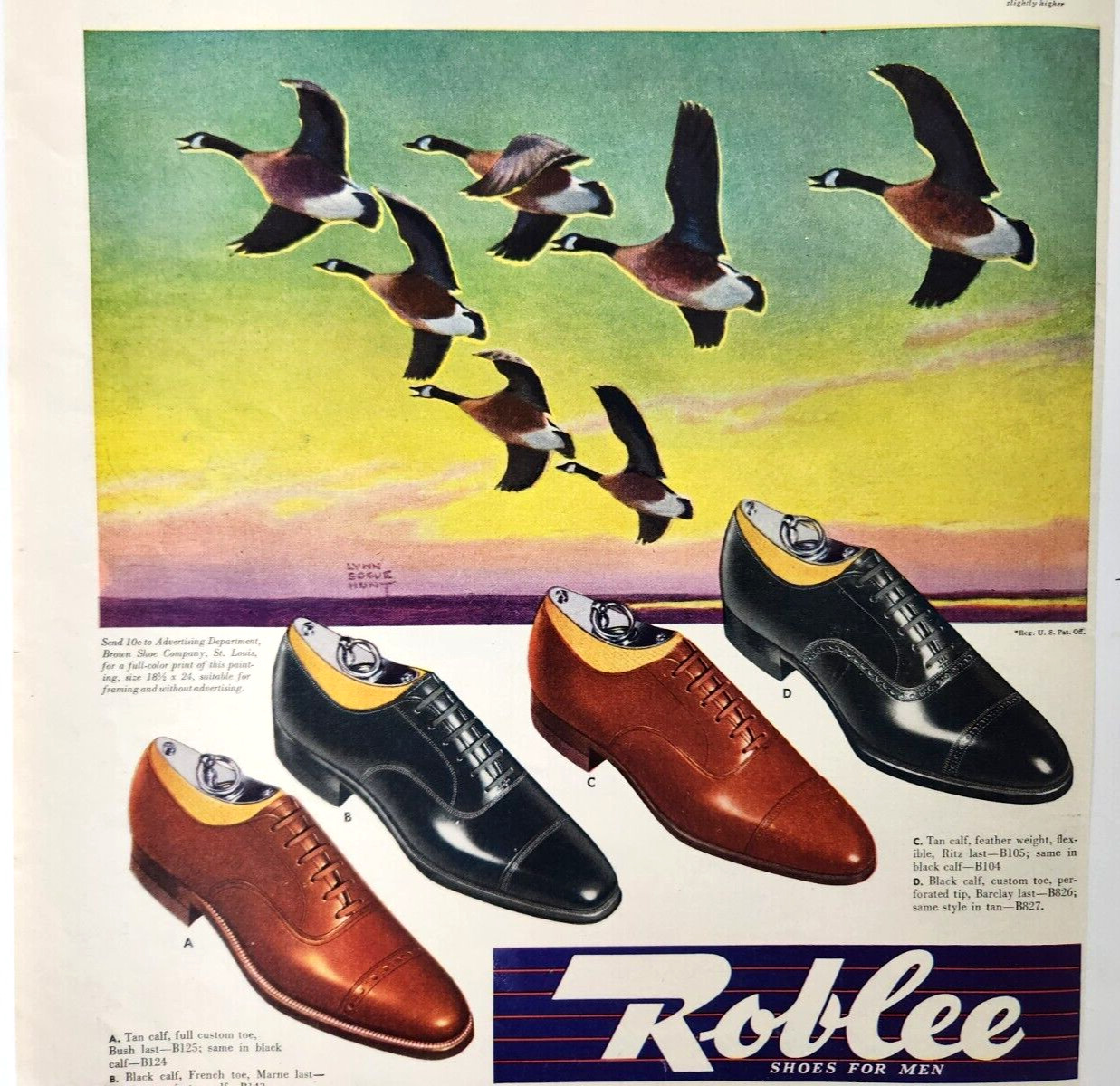 Lynn Bogue Hunt Geese Roblee Shoe Co Vintage 1942 Clothing Ad Mens Fashion