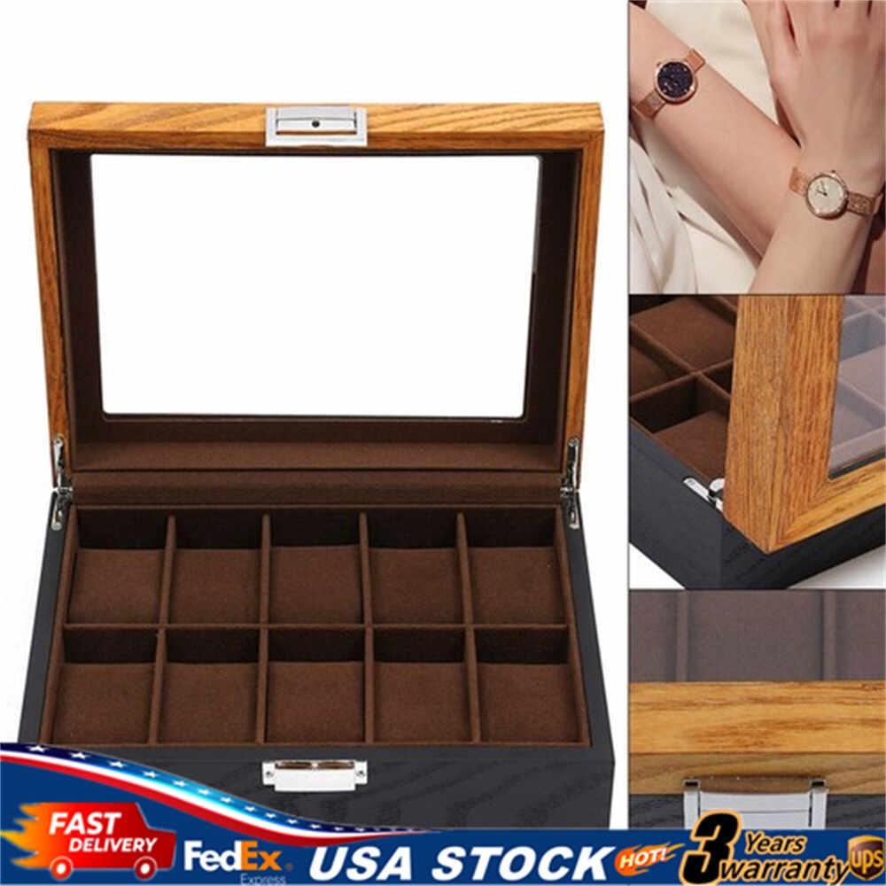Watch Box 10-Slot Watch Case Solid Wood Watch Box Organizer with Glass Lid Lock