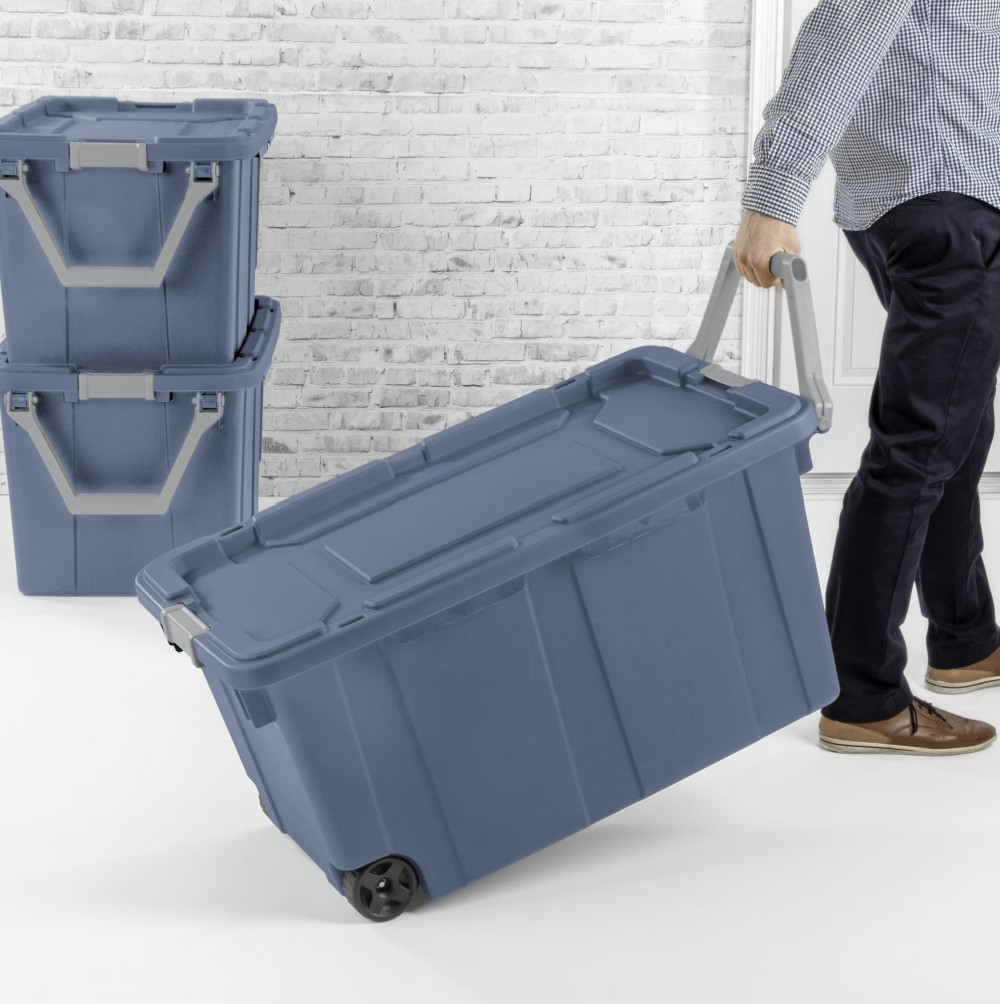 Sterilite 40 Gal Wheeled Storage Bin Latch Lid Handle Blue 2 Pack
