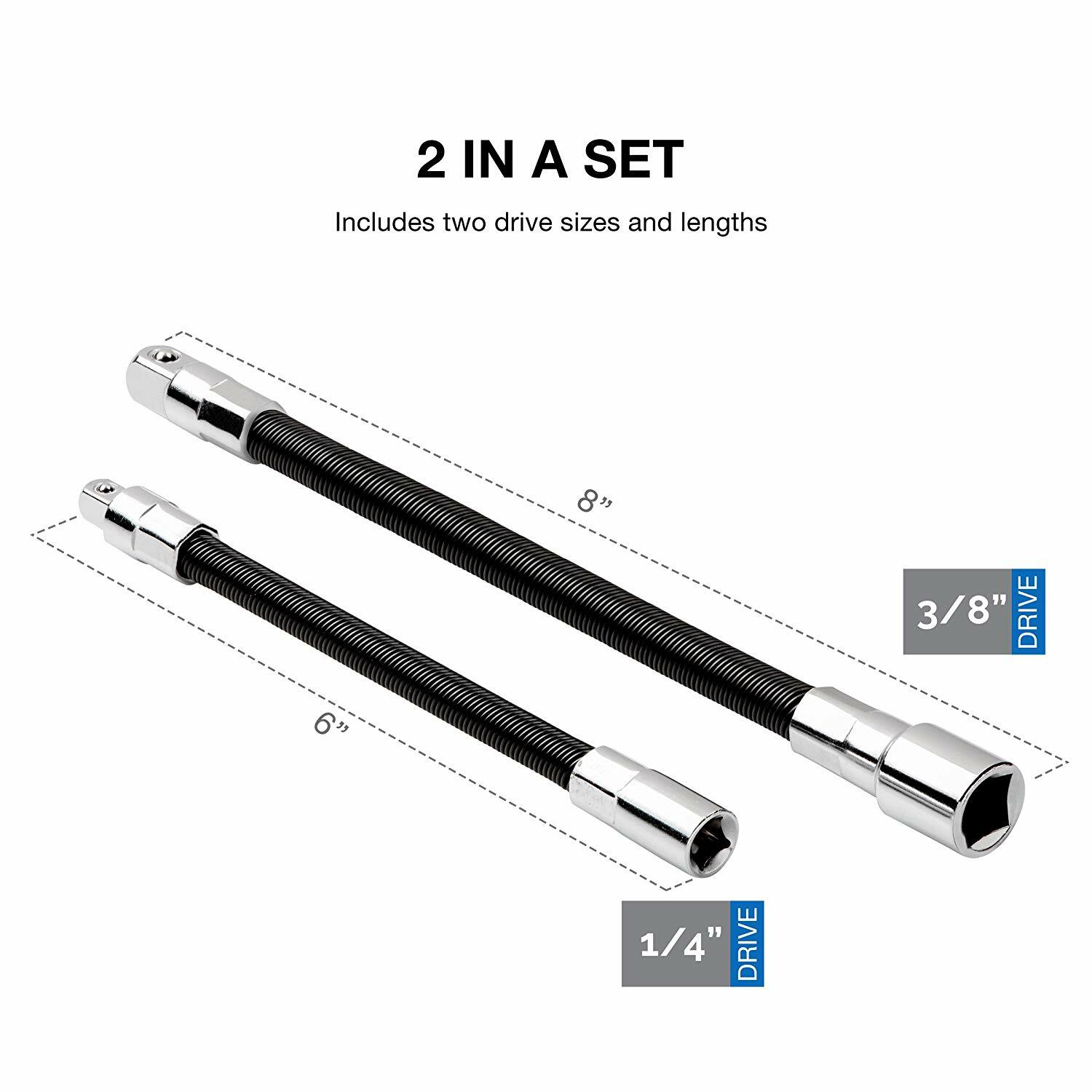 2pc Flexible Socket Extension 8" Long 3/8" & 6" 1/4" Socket Bar Ratchet