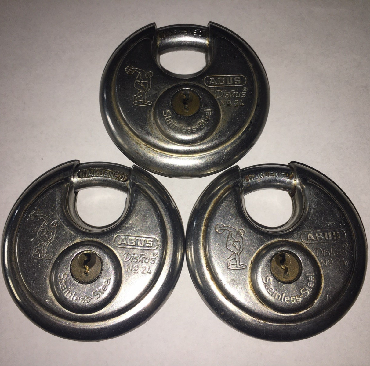 3 Abus Diskus No. 24 keyed padlocks & keys