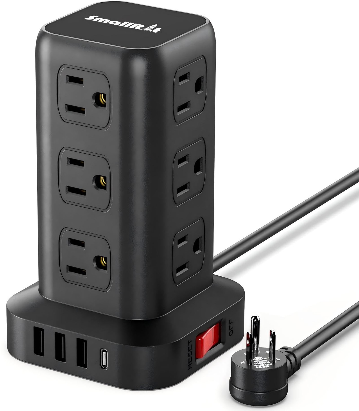 Extension Cord with Multiple Outlets, 6.5 Ft without wireless charging, Black