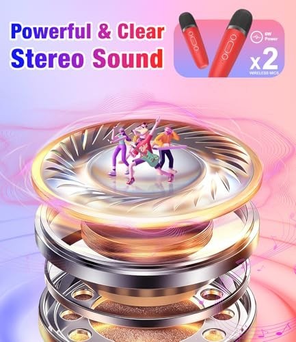 Mini Karaoke Machine, Portable Bluetooth Speaker with 2 Wireless Microphones for