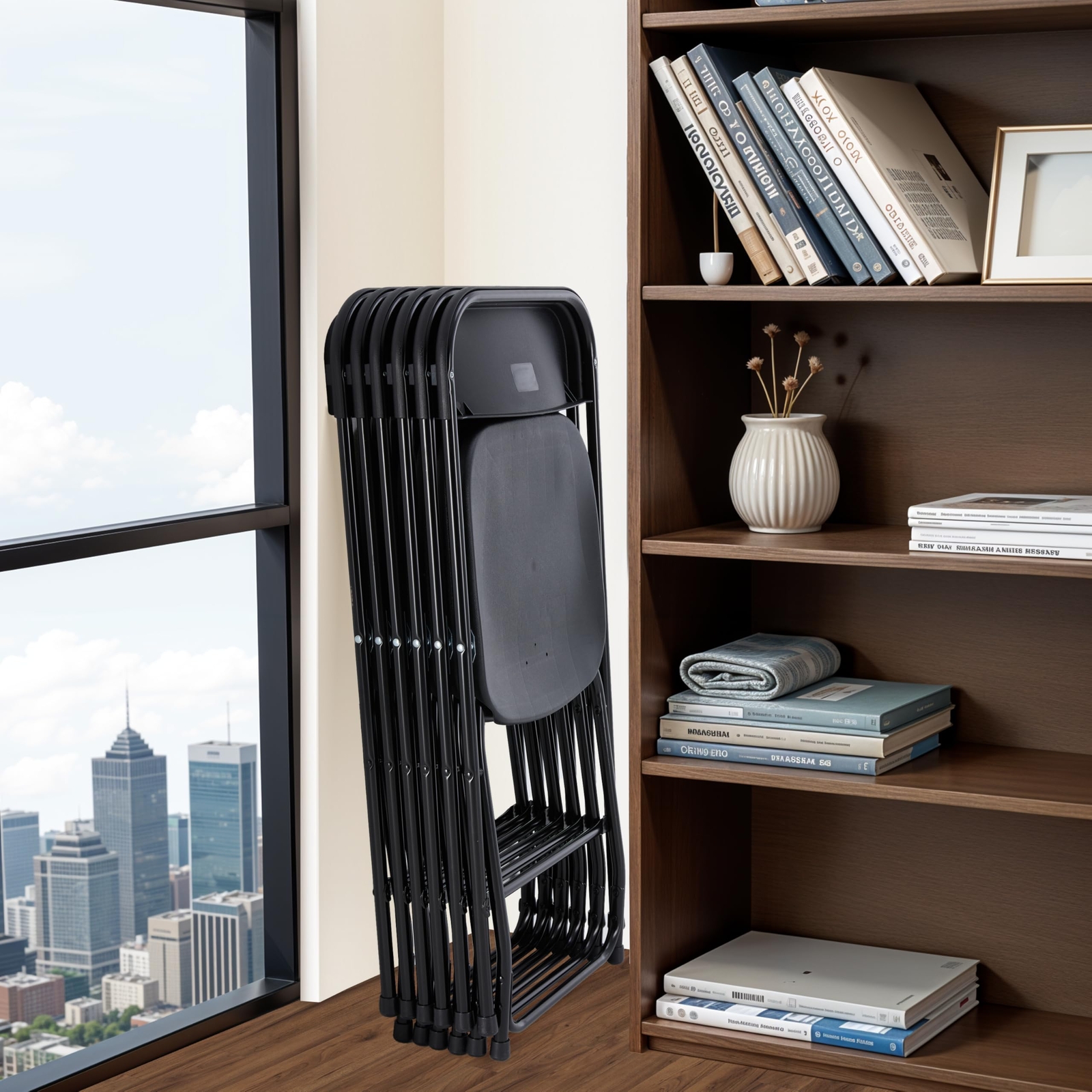 6 Pcs Folding Chair Plastic Stackable Portable Seat with Metal Frame Black