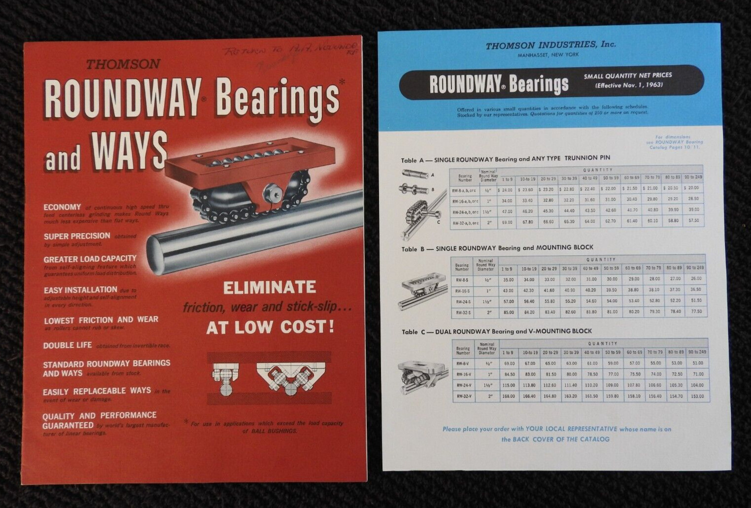 1963 Thompson Industries Inc Roundway Bearings Engineer Catalog Manhasset NY