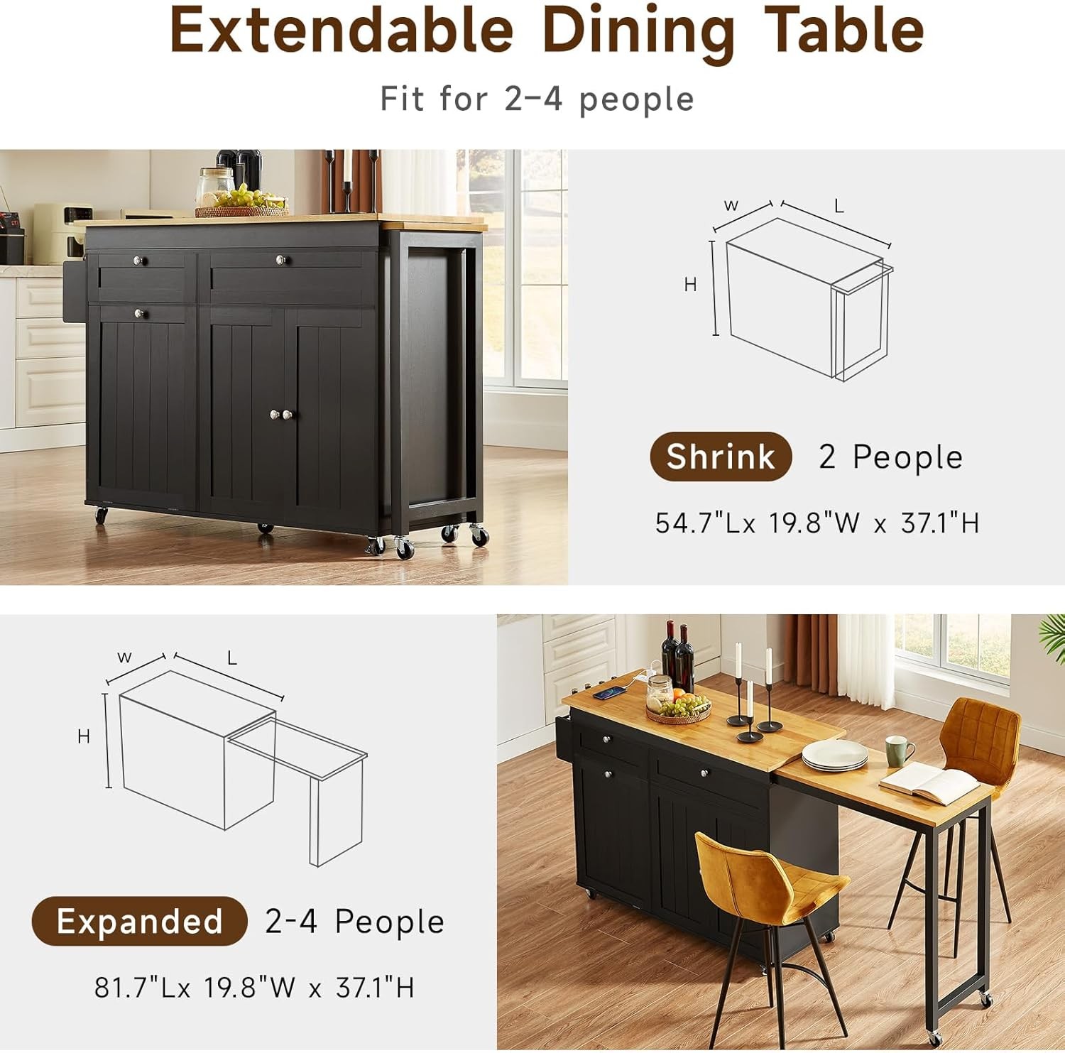 81.7" Kitchen Island with Extendable Dining Table - Mobile Cart, Black