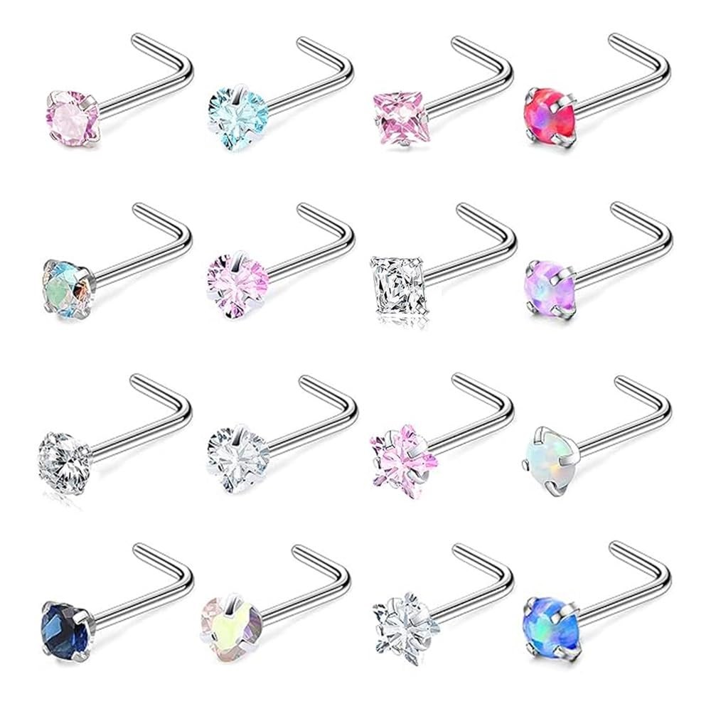 SEEDRILL 16 Pcs Hypoallergenic 20G Nose Rings Studs 316L universal, Silvery