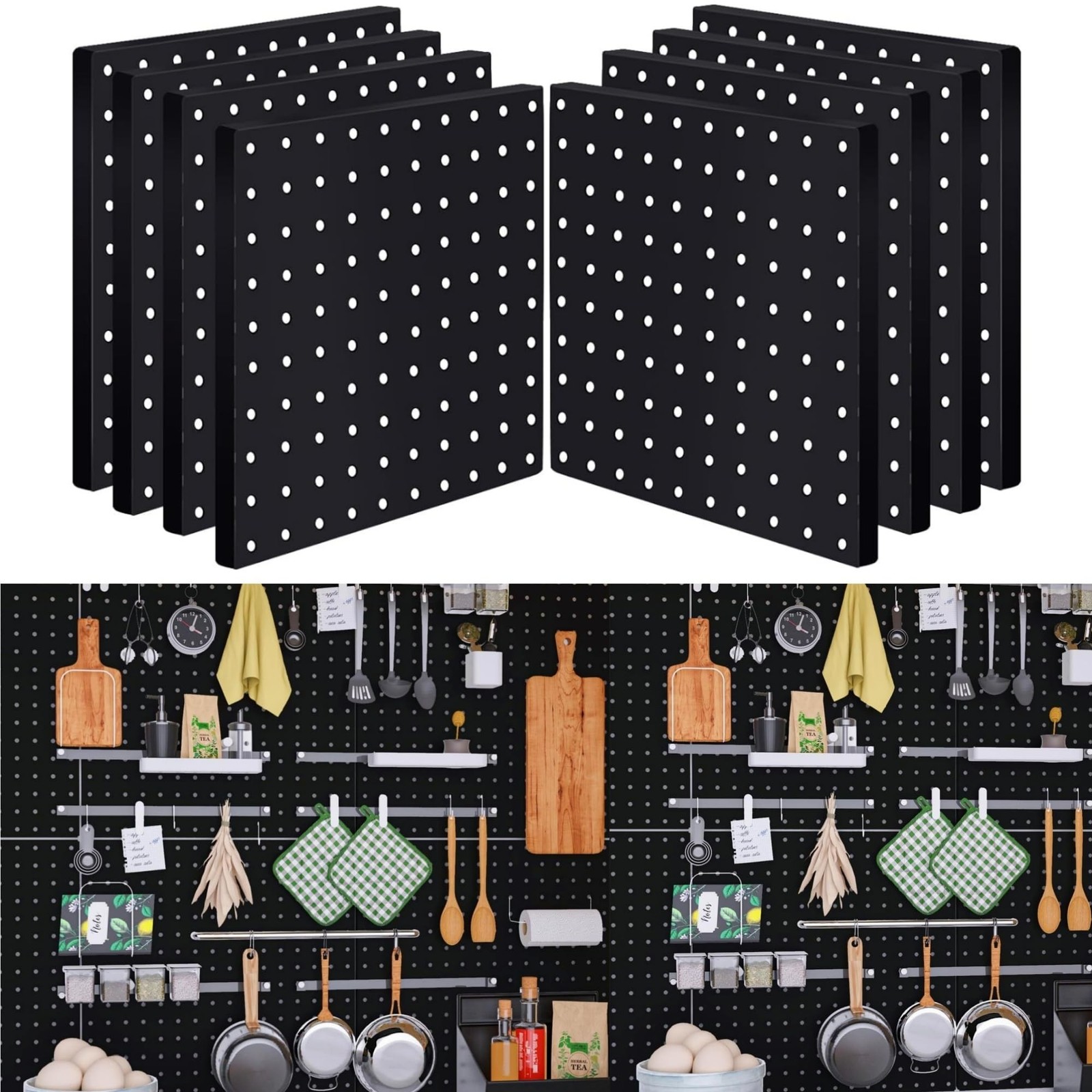 Peg Board Wall Organizer Panels - 8Pcs Black ABS Pegboard Wall Mount for Home...