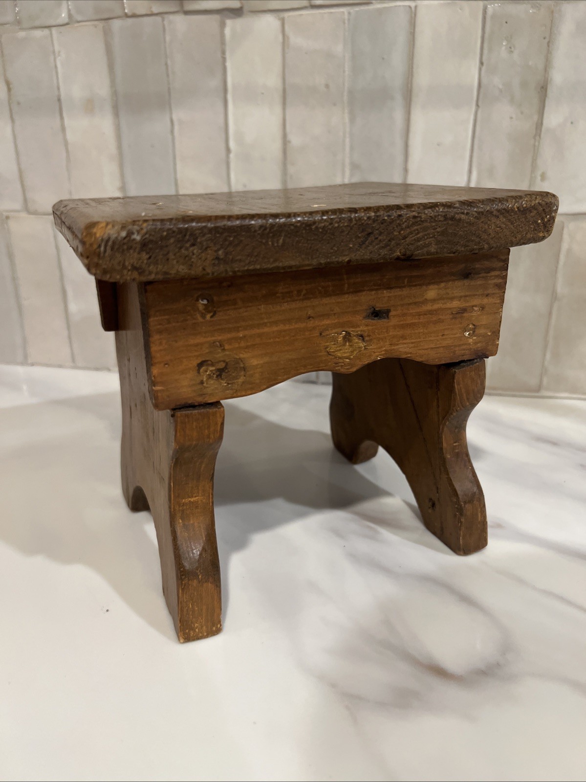 Primitive Vintage Pub Stool Wooden Hand Carved Farmhouse