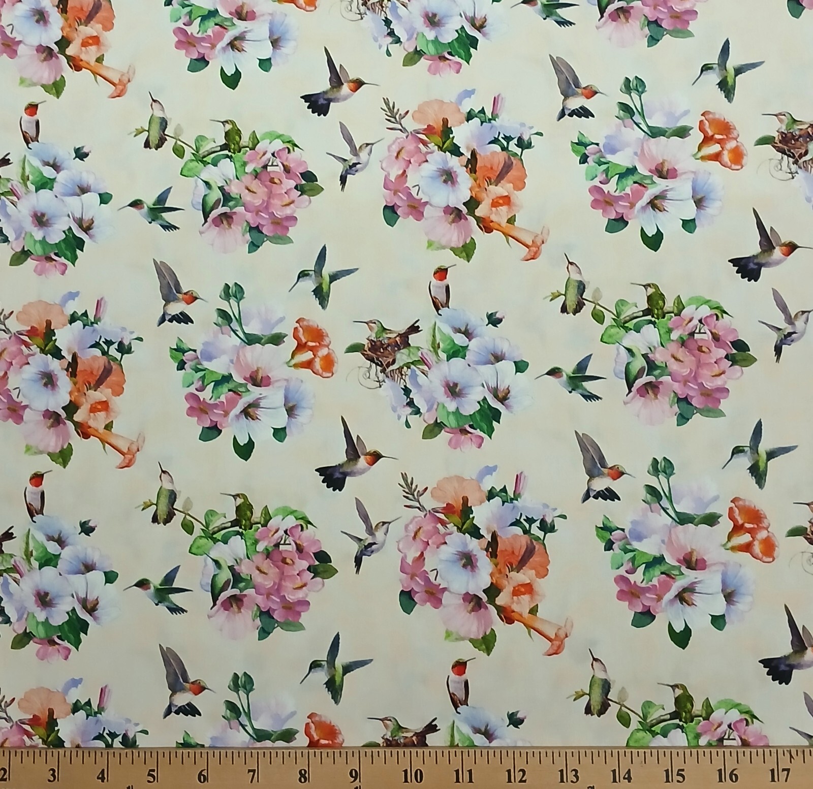 Cotton Flowers Floral Hummingbirds Birds Cream Fabric Print by Yard D373.56