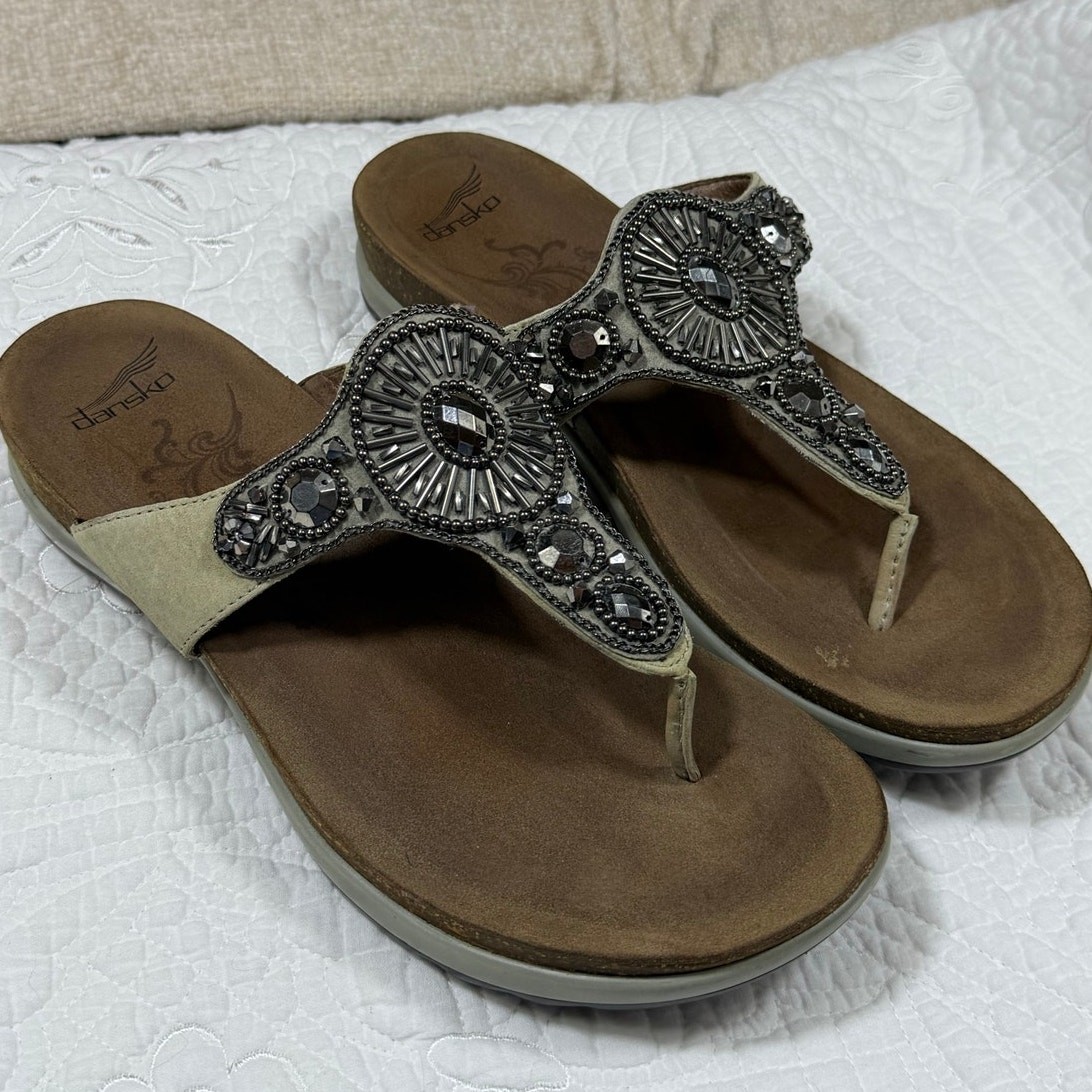 Dansko Women 9 Cream Pamela Bejeweled Thong Suede Slip On Comfort Sandals