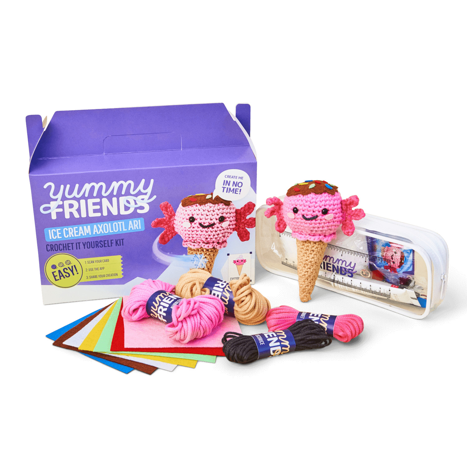 Yummy Friends White Elephant Gift Beginner Crochet Kit, Ice Cream Axolotl Ari