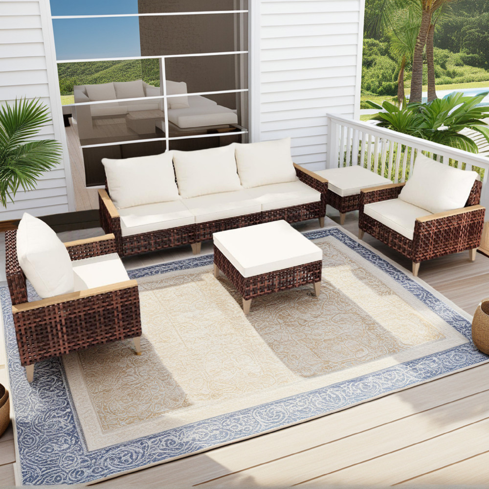7-Piece Rattan Patio Furniture Set w/ 4" Cushions, White, Weather Resistant