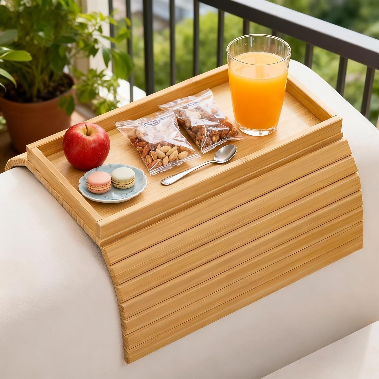 Bamboo Couch Arm Tray Table Foldable Sofa Rest W/ Non-Slip Base Portable