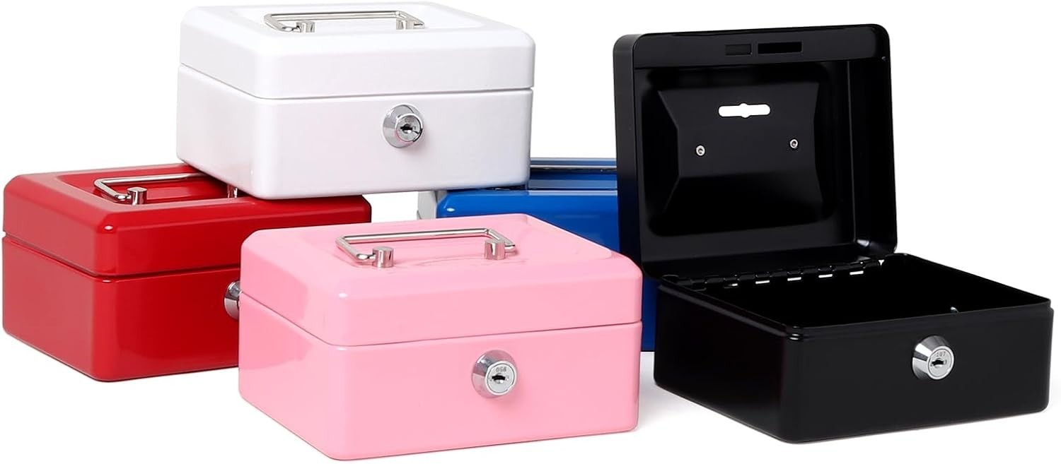 Small Lock Cash Box, Metal Lock Boxes for Kids, Money Box with Slot on Top, B...