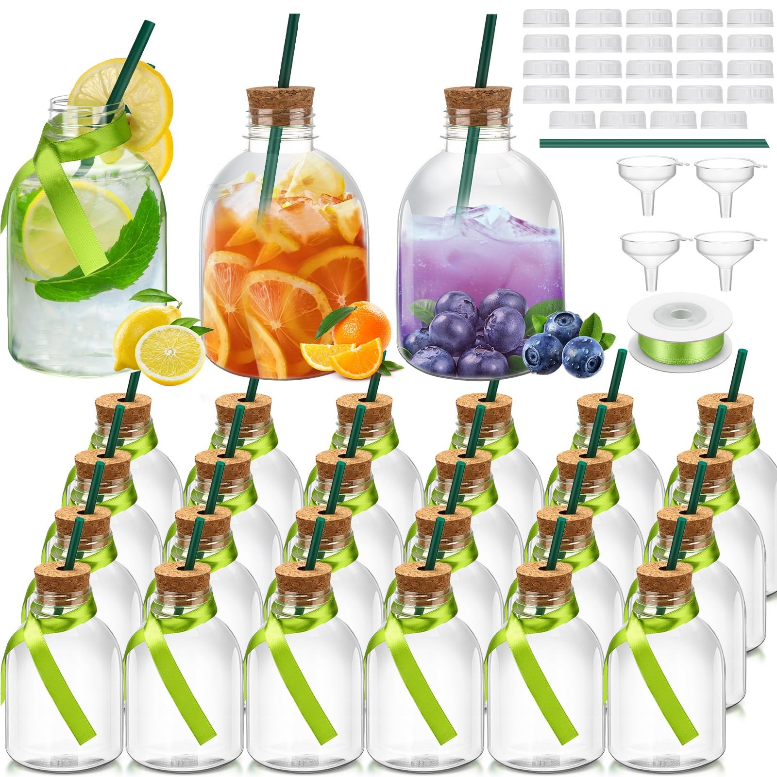 Plastic Liquor Bottles 12 oz 24 Pcs with Cork and Straw - Reusable Mini Drink