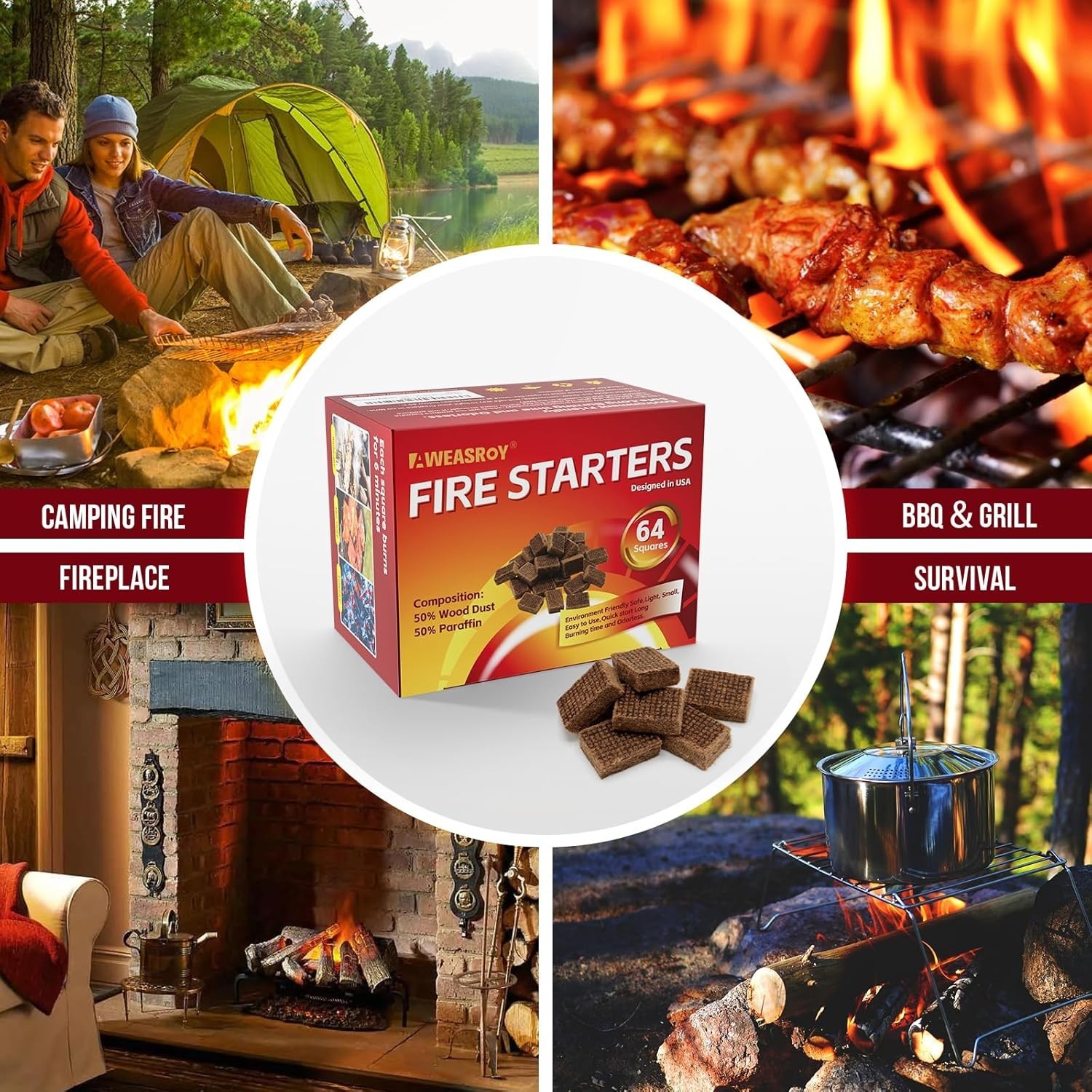 64 Safe Fire Starter Blocks - Easy, Odorless Fire Ignition for Fireplace & Grill