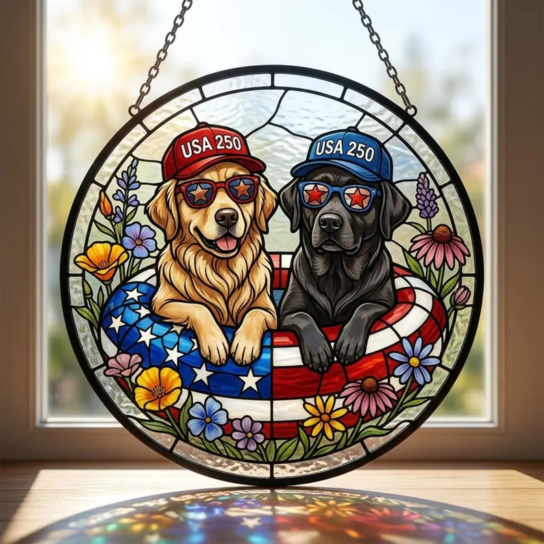 Patriotic Dog Sunglasses Stained Glass Suncatcher