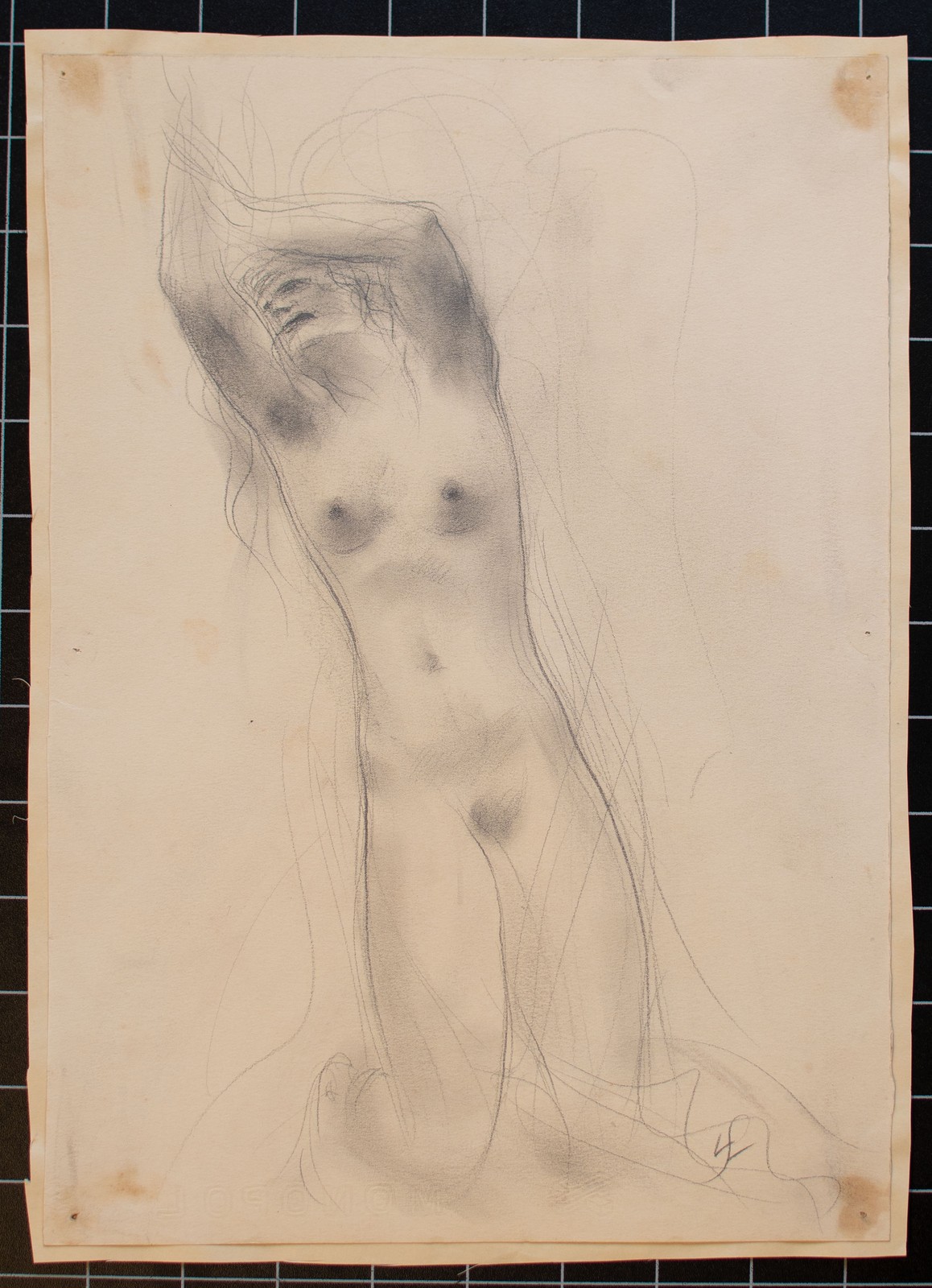 Willi Schmid female nude kneeling Munich Secession unsigned unique drawing