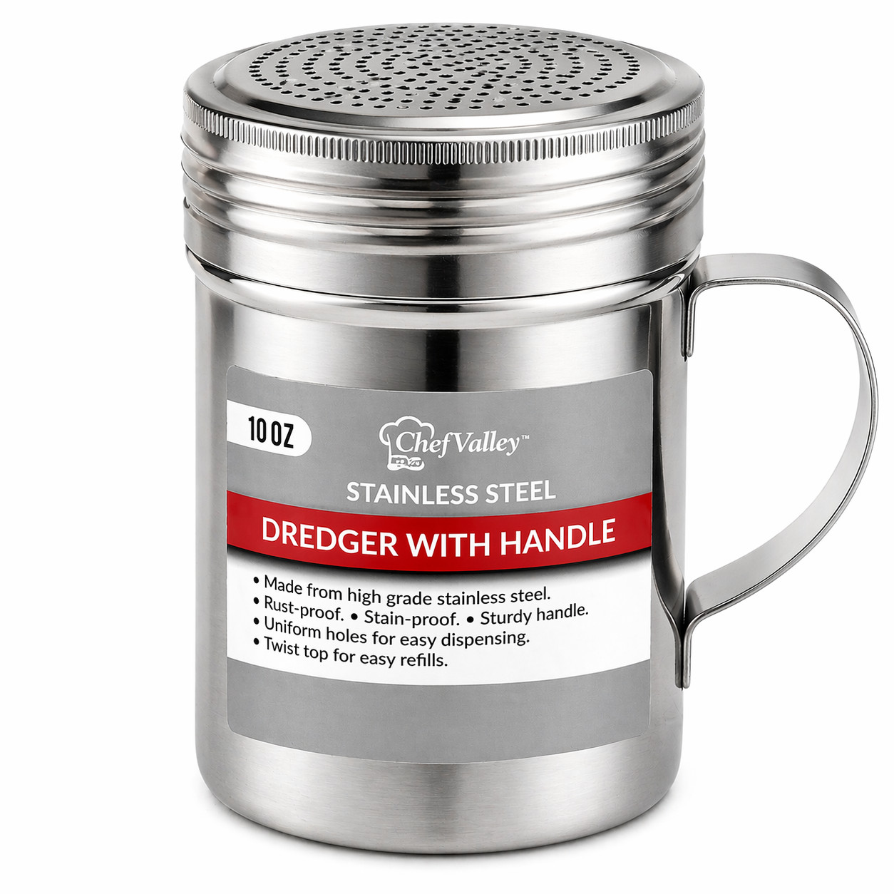 Stainless Steel Flour Sugar Shaker Dredge 10oz Powder Dispenser Handle