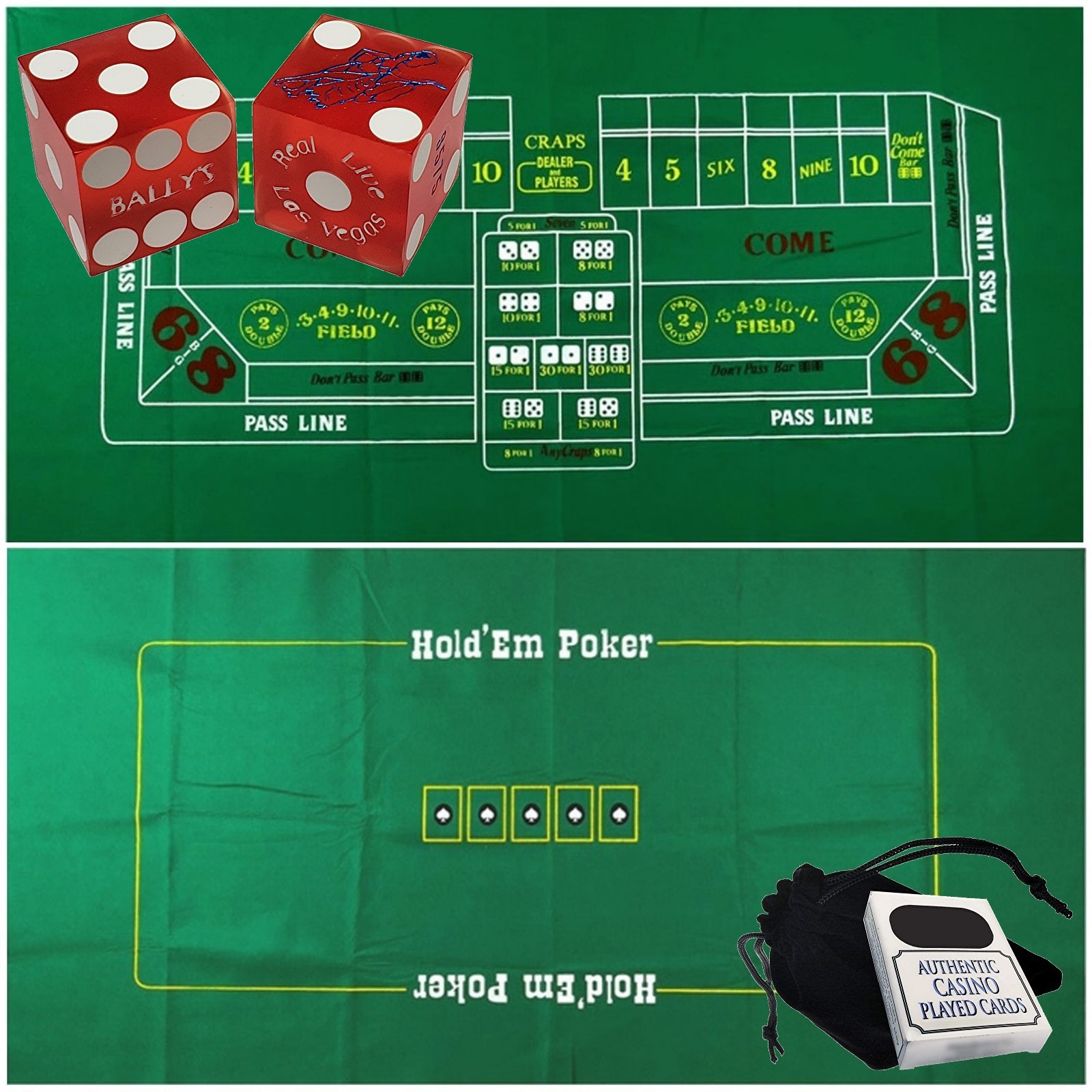 Craps & Poker 2-Sided Layout + Bally's Casino Dice Red Frosted + Las Vegas Cards