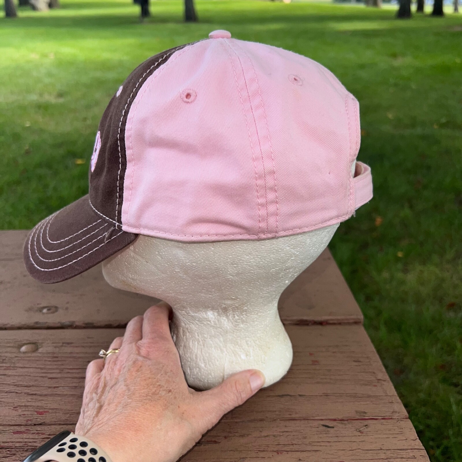 Whiteface Mountain Pink and Brown cotton Hat Cap Hook Loop VGC