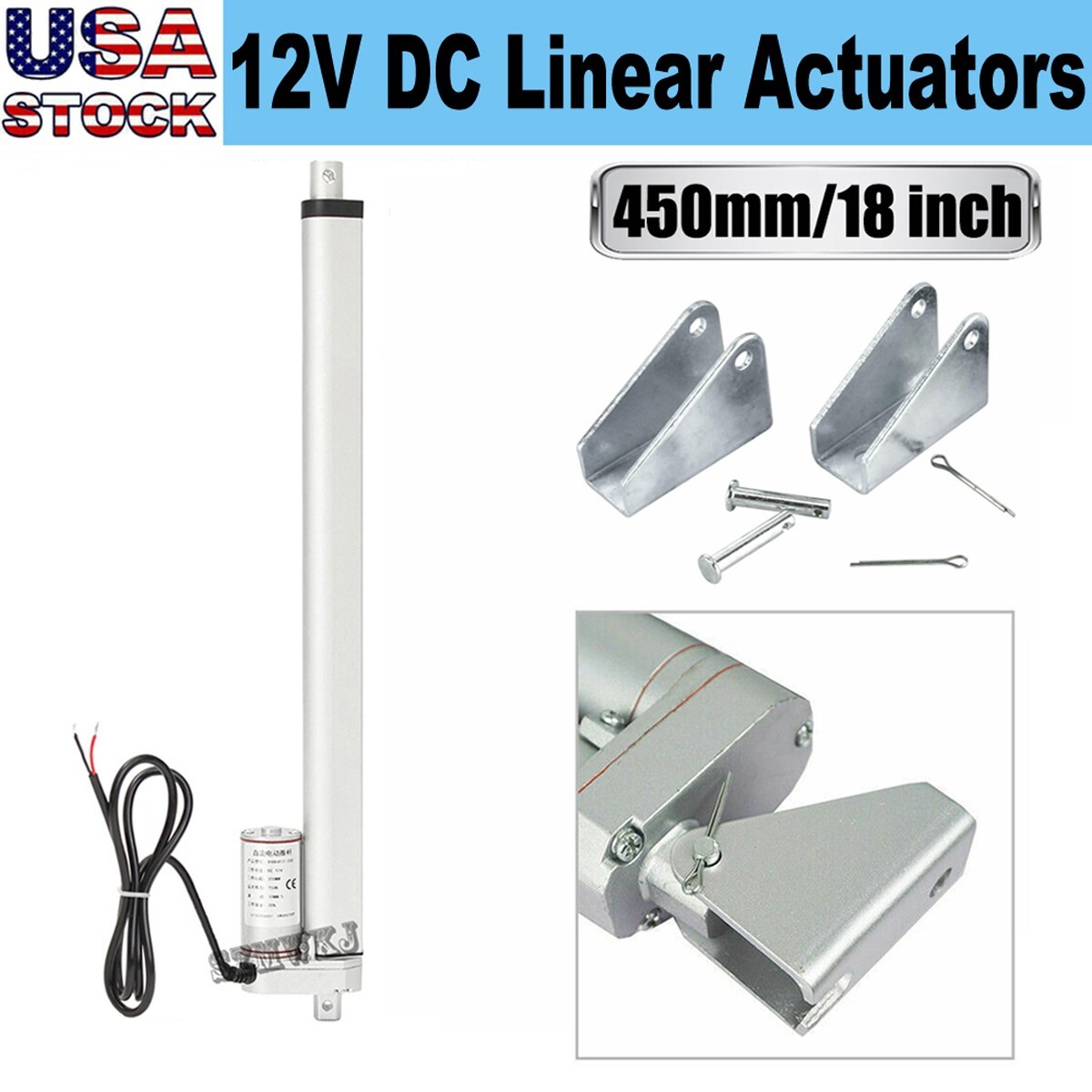 Heavy Duty DC12V 18" Stroke Linear Actuator W/ Mount Brackets 330lbs/1500N Motor