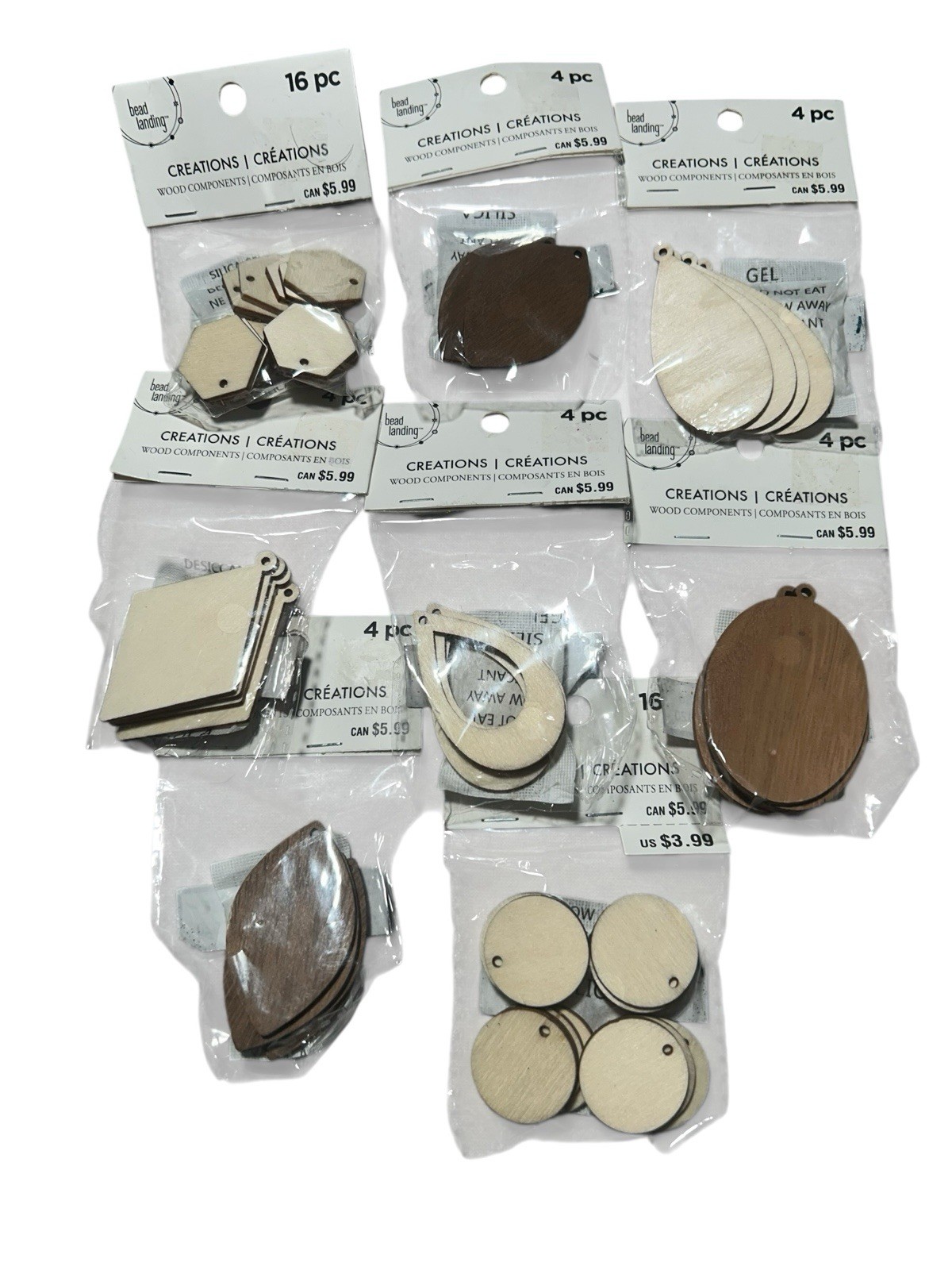 Bead Landing 8 Pkgs Wood Earring Craft Components Assorted Shapes (56 pc)