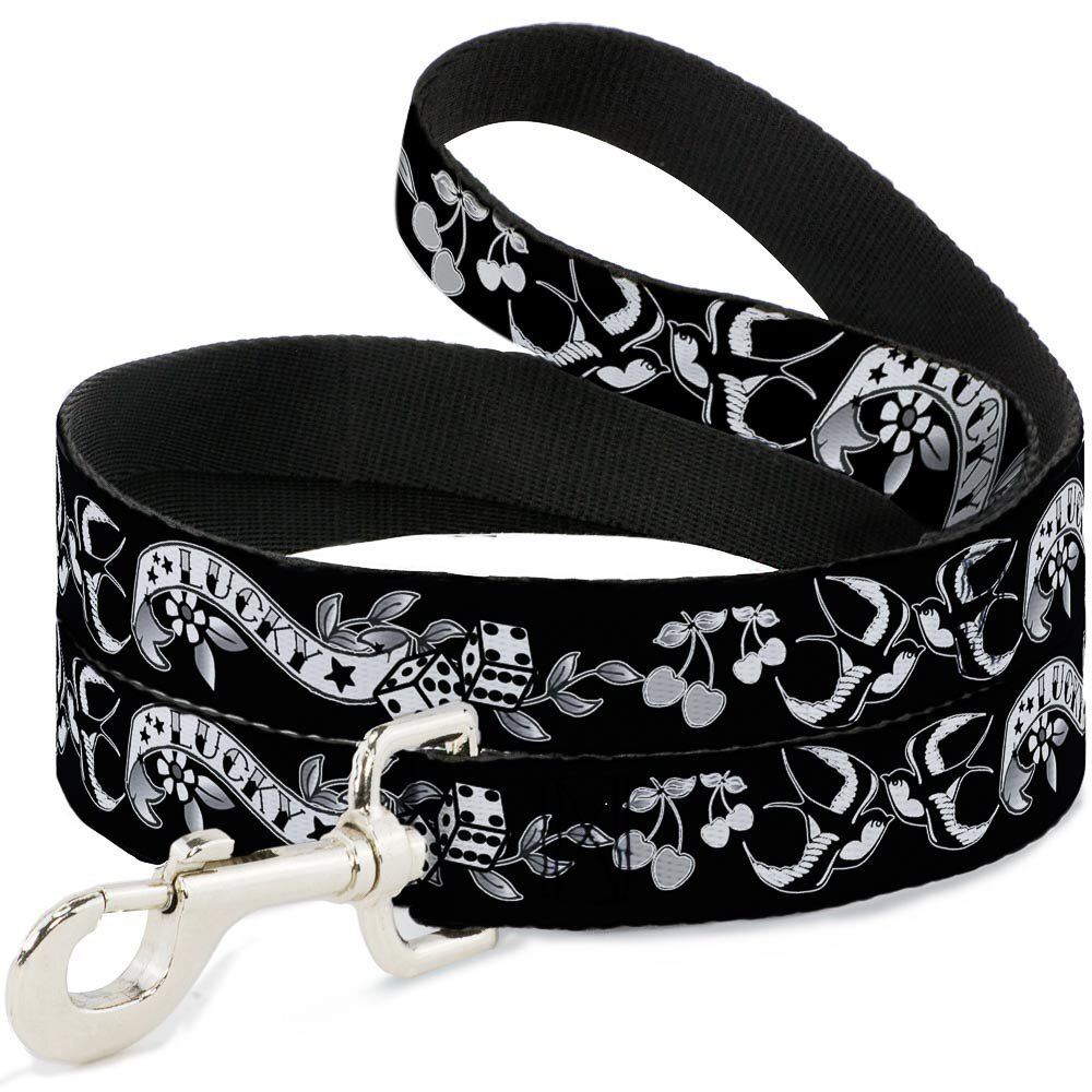 Dog Leash Lucky Black White 6 Feet Long 1.5 Inch Wide