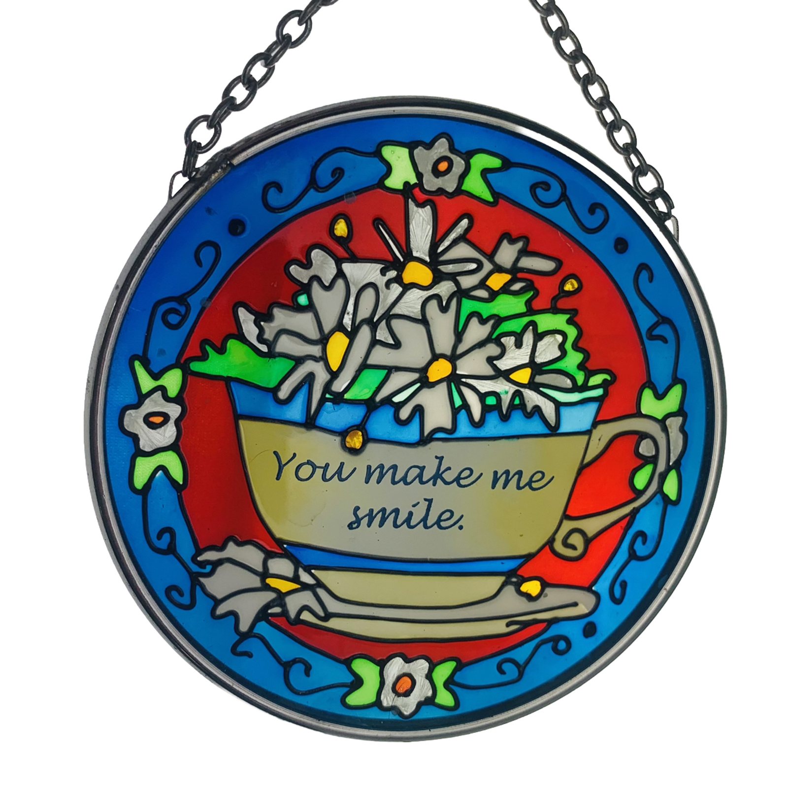 YOU MAKE ME SMILE Stained Glass Sun Catcher Ornament 3.5" Floral Hanging Round