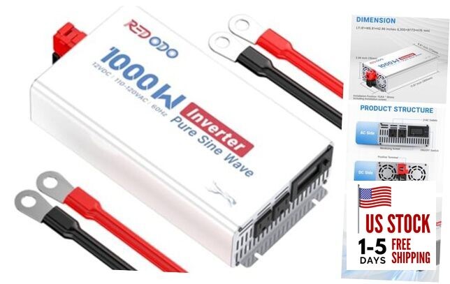 Pure Sine Wave Inverter 1000W Convert DC 12V to AC 110V, Monitoring 1000 Watt