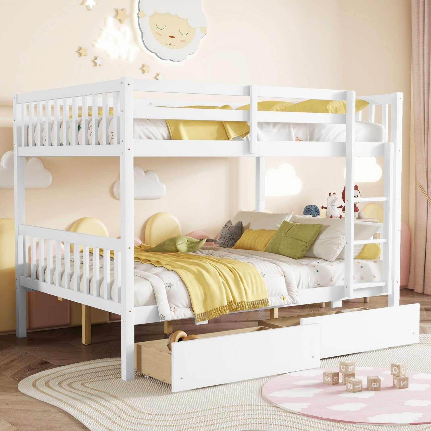 Full Over Full Wood Bunk Bed Convertible Full Size Bed Frame w/ 2 Drawers