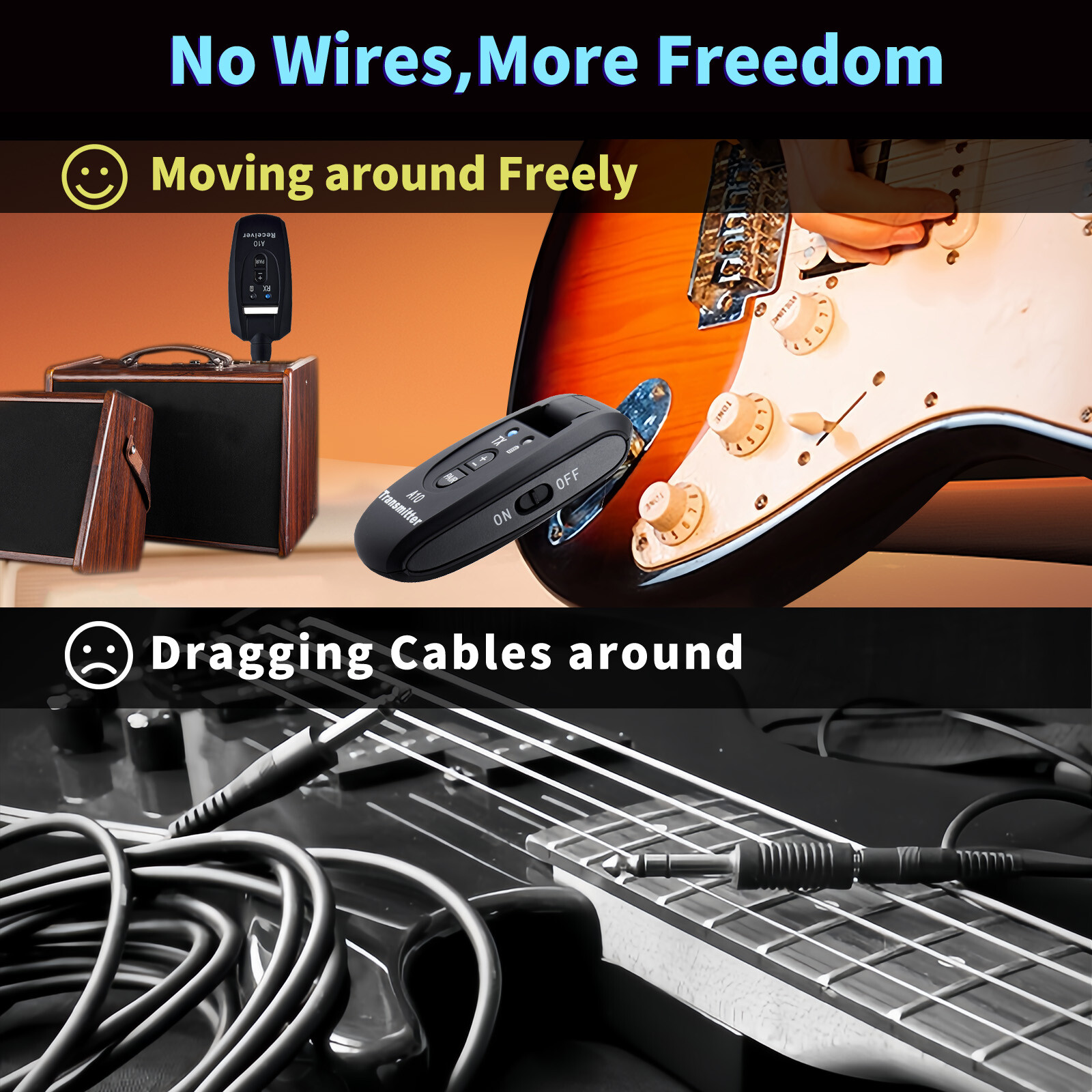 Wireless System Built-in Rechargeable Transmitter Receiver for Electric Guitar