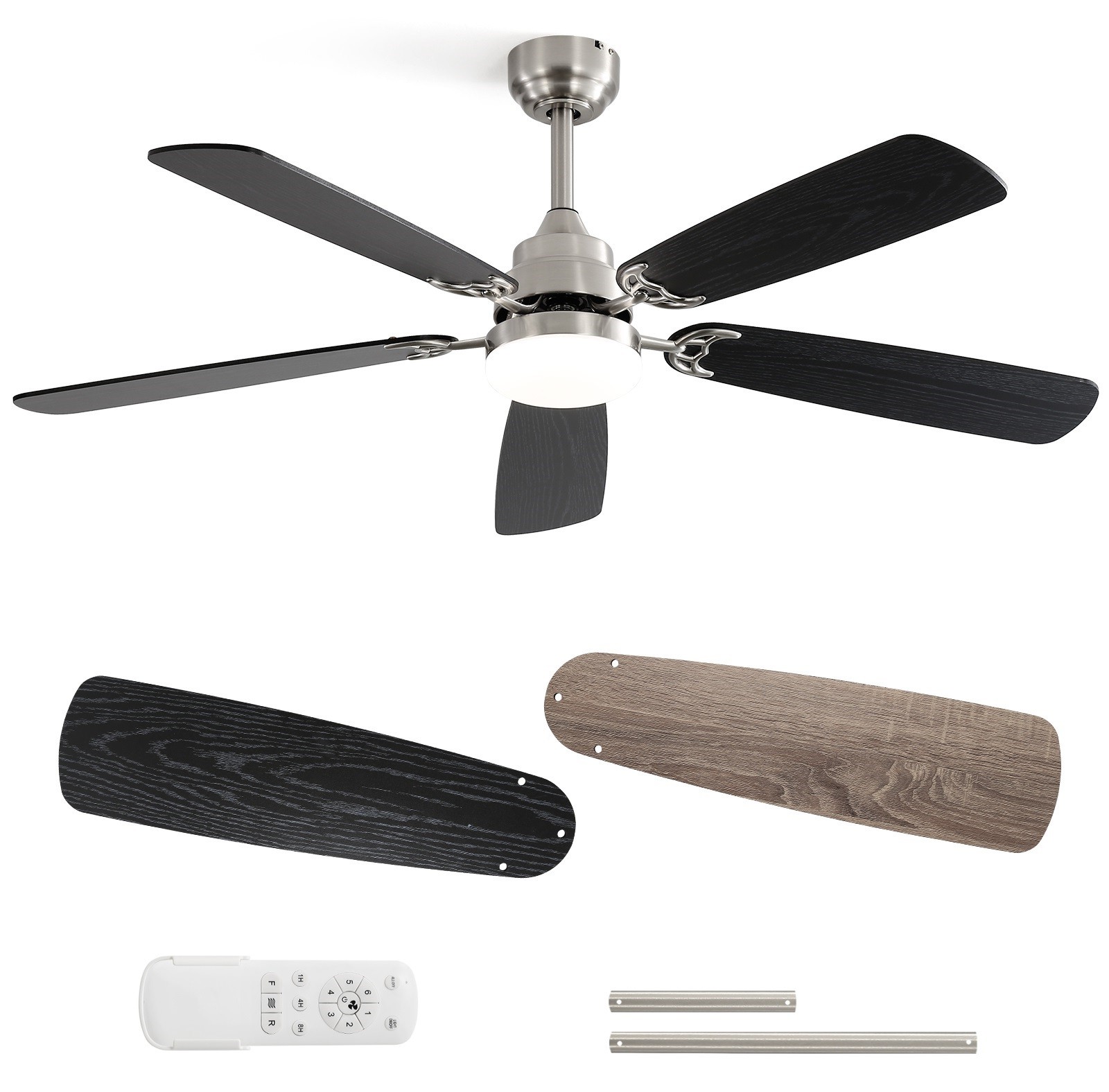 52 Inch Brushed Nickel Ceiling Fan with Light and Remote Noiseless Dimmable 3CCT