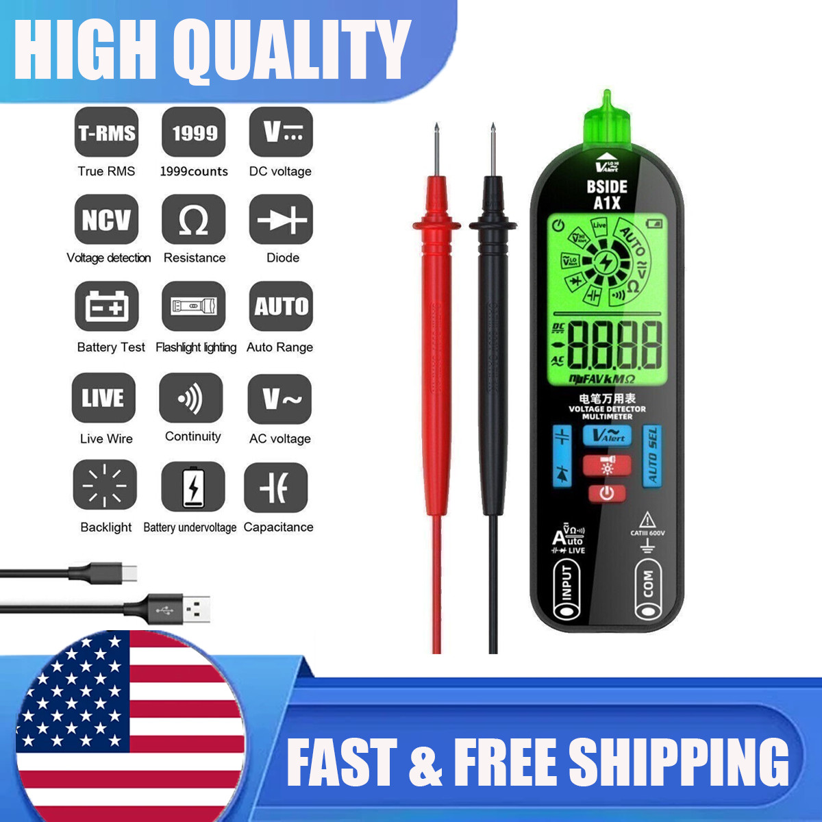Digital Multimeter Tester Smart Rechargeable Voltmeter AC/DC Voltage Measurement