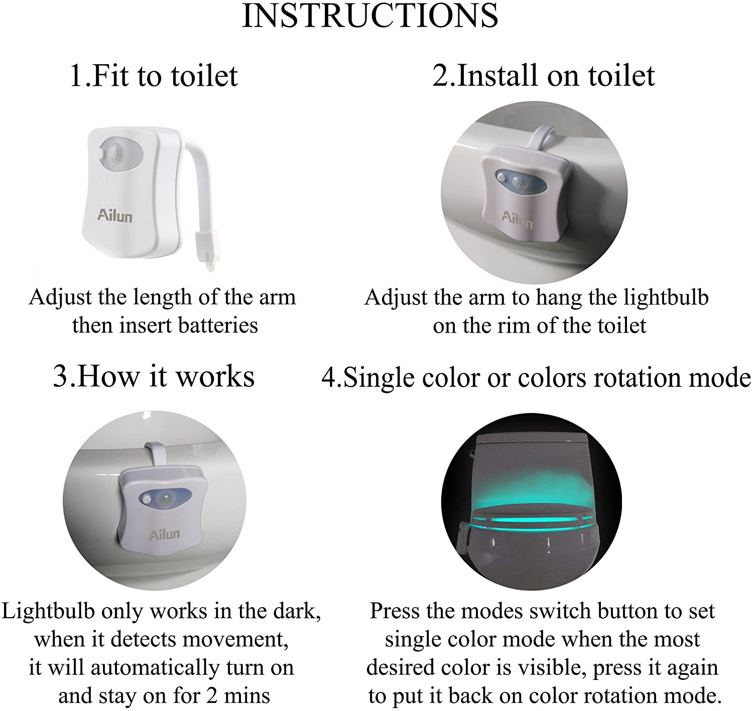 3 Pack Toilet Night Light Motion Sensor Activated LED Light 8 Colors Changing
