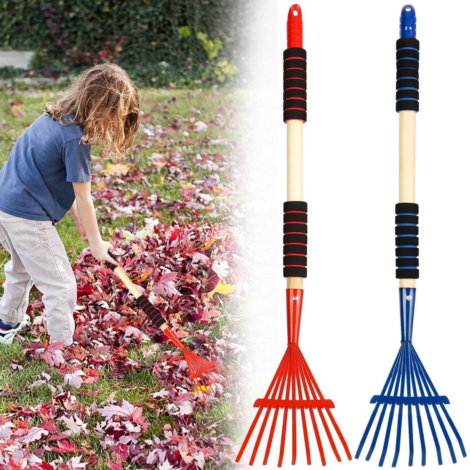 2 Pack Kids Rakes for Leaves, 28" Small Metal Toddler Rakes Garden Lawn Rake ...
